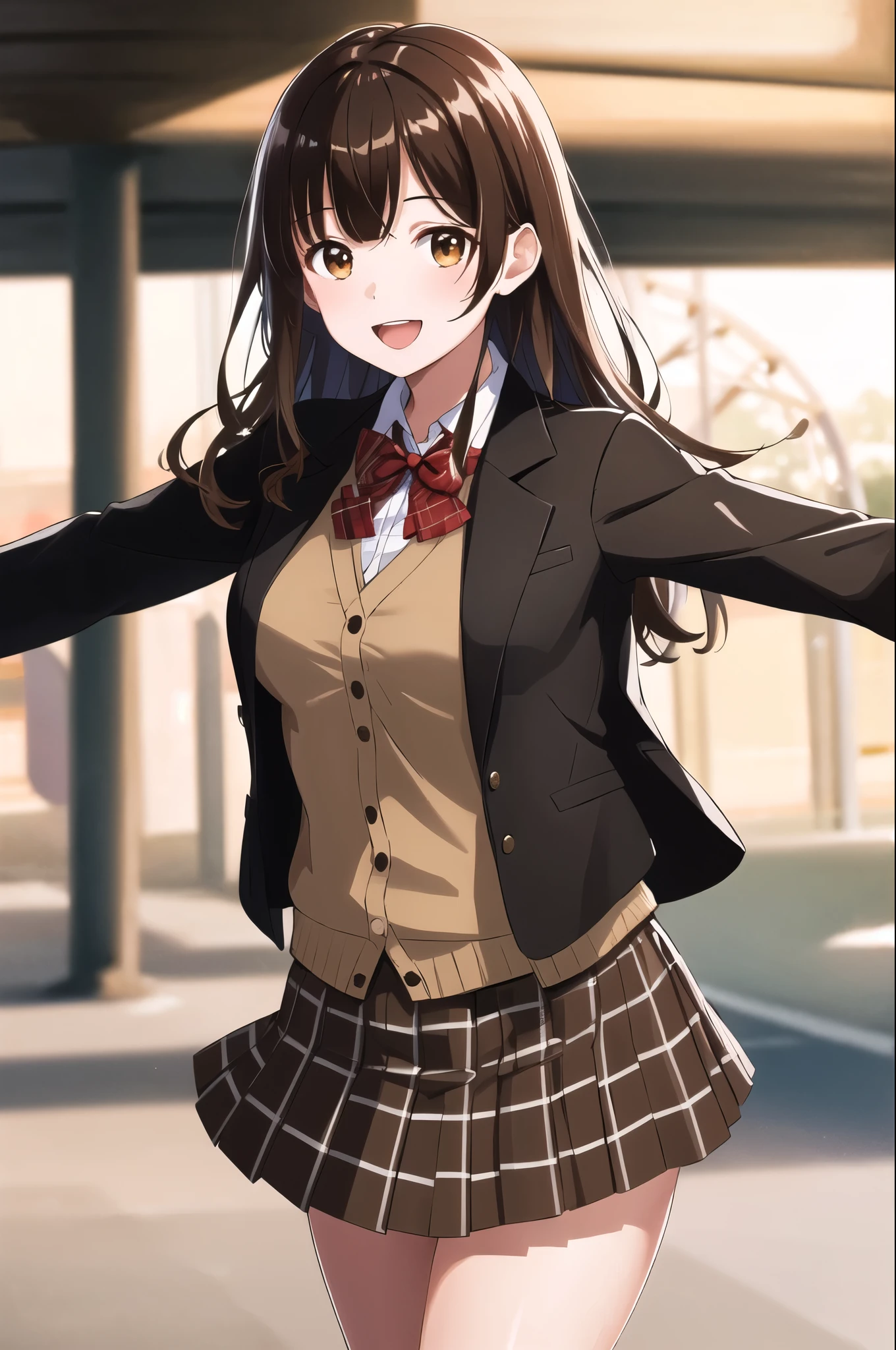 masterpiece, best quality, highres, 1girl, brown hair, long hair, bangs, brown eyes, medium breasts, red bowtie, school uniform, black jacket, open jacket, brown cardigan, white shirt, black skirt, plaid skirt, smile, open mouth, arms behind back, leaning forward, amusement park,