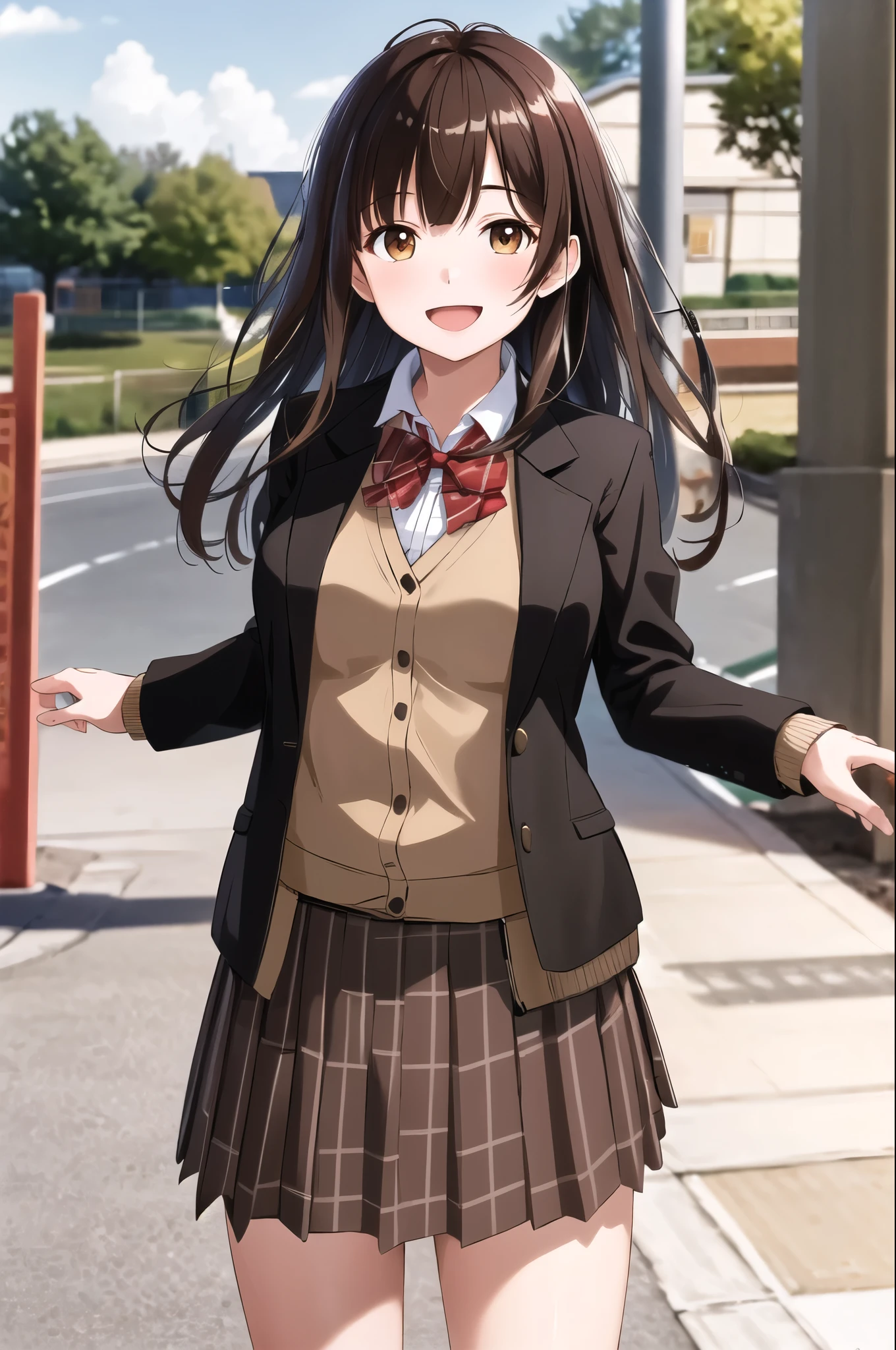 masterpiece, best quality, highres, 1girl, brown hair, long hair, bangs, brown eyes, medium breasts, red bowtie, school uniform, black jacket, open jacket, brown cardigan, white shirt, black skirt, plaid skirt, smile, open mouth, arms behind back, leaning forward, amusement park,