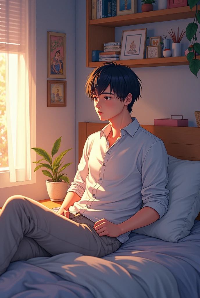 draw me a picture of a cute Indonesian boy, handsome, black hair, white shirt, blue jeans, white shoes, sitting in front of the house, daydreaming about a beautiful girl, passing by the front of the house, the shadow of his face appears above his head, realistic, detailed, panoramic , view