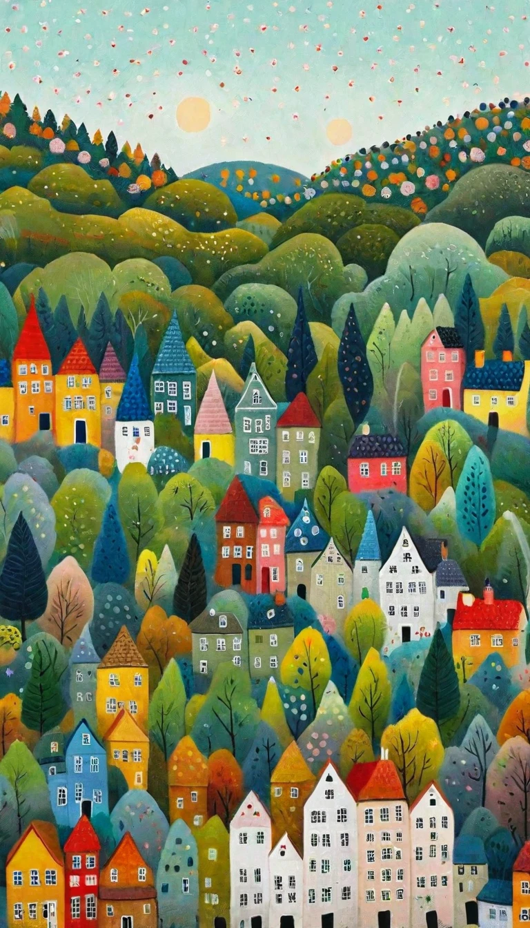 a painting of a city with lots of houses and trees, village in the woods, cottage town, by Camille Bombois, jane newland, city on a hillside, townscape, by Bohumil Kubista, by Adrienn Henczné Deák, by Yi Inmun, hideen village in the forest, whimsical fantasy landscape art, small houses