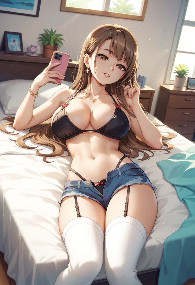 (Familiar, masterpiece, Please redeem, Complex),girl,Big Breasts高解像度, Beautiful woman, Attention to detail, Good lighting, Obscene, conversion,1人のgirl, masterpiece, Please redeem, Medium Full Shot一人のgirl, masterpiece, Please redeem, Medium Full Shot, Brown Hair, (bikini, Big Breasts, Shorts, Selfie in the mirror),  (White knee socks:1.1), Garter Straps,Black Panties, belly button, Black bra, lying on bed, (~ ~ side:1.1), Seductive pose, indoor, bedroom, bed,(8k:1.1)