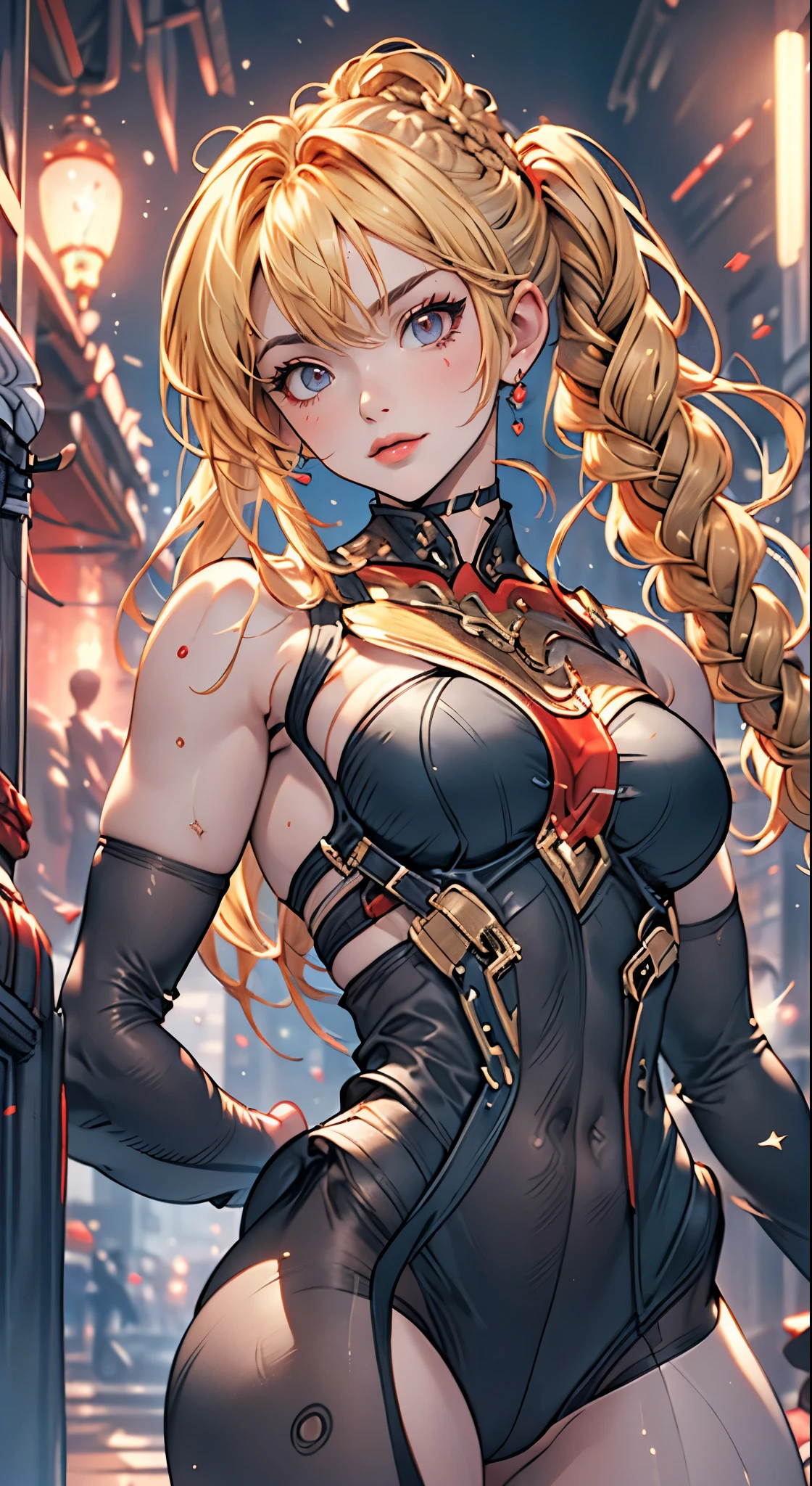 Optimal,masterpiece,centered, High resolution,highest quality,Hyper HD,Very detailed,Award-winning,16k,alone,(Upper Body),Correct Anatomy,Beautiful Cyberpunk Girl,Upper body photos、Cute face,,blonde、Long Hair、Twin tails、Braid, Hairline,((Scarlet Eyes)),Long eyelashes,Drooping eyelids,White skin,((Shoot from the front:1.5)), ((leotard:1.5)), Clock Top、rocket , (Large Breasts),