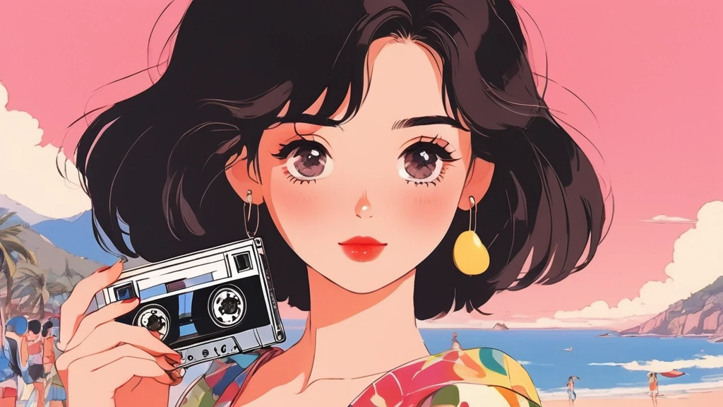 2000s anime style, 2000s style, Of course, 2000s style, (blush:1.7), the highest quality, 8K, 1 woman, Alone, Chica Lofi, Arte Lofi, lo-fi feeling, wearing clothes from the 2000s, superior shot, close up, smiling, ojos marrones Of courses, snow white skin, brown straight hair, short hair, Anime girl holding a cassette tape with her hand, the main focus is on the girl and the cassette tape, solid pink background with no other elements, summer atmosphere, background of a beach, The girl is wearing sunglasses on her eyes