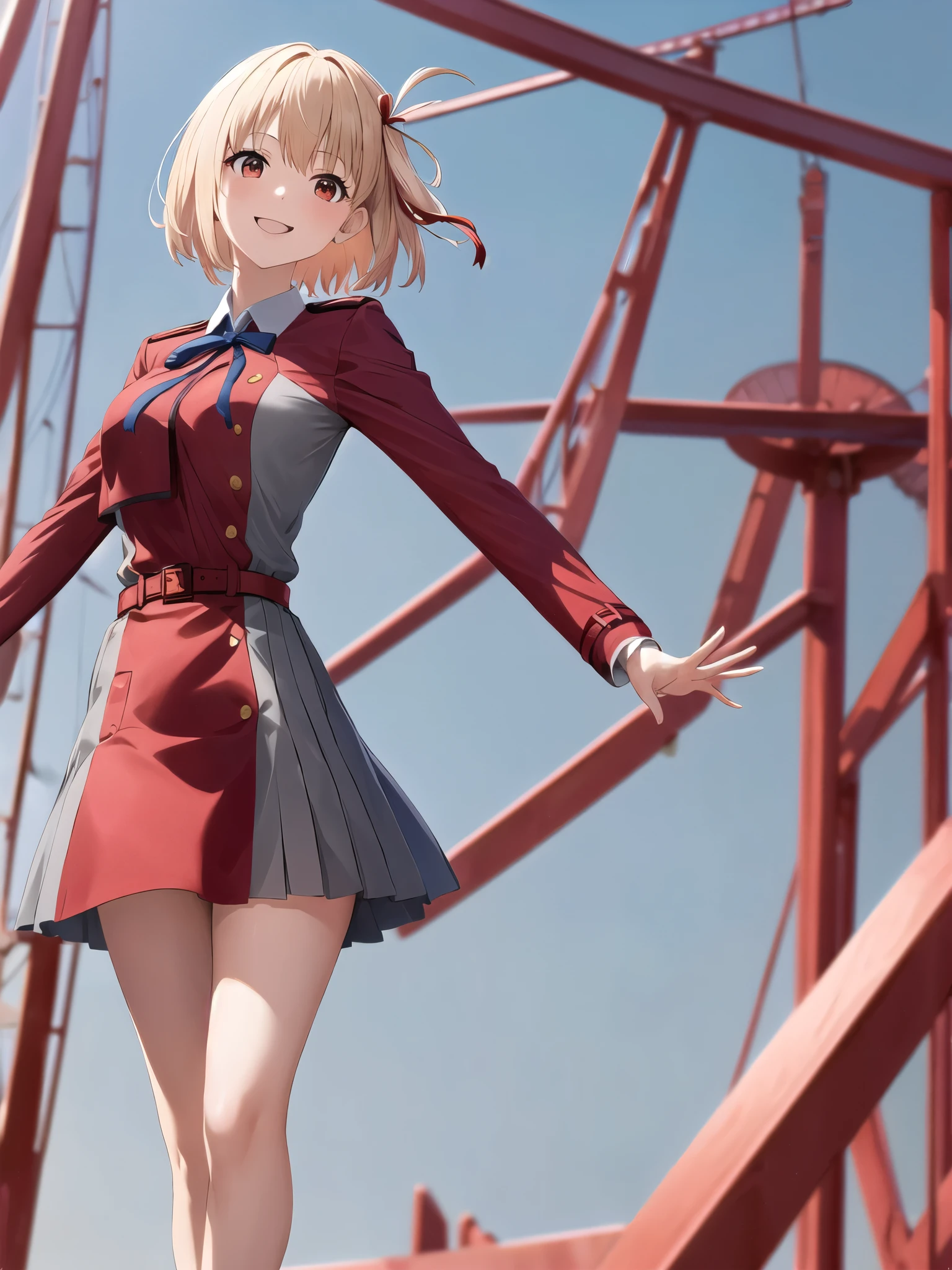 masterpiece, best quality, highres, aachisato, short hair, hair ribbon, breasts, neck ribbon, collared shirt, lycoris uniform, two-tone dress, red dress, grey dress, long sleeves, red belt, waving, smile, amusement park, standing