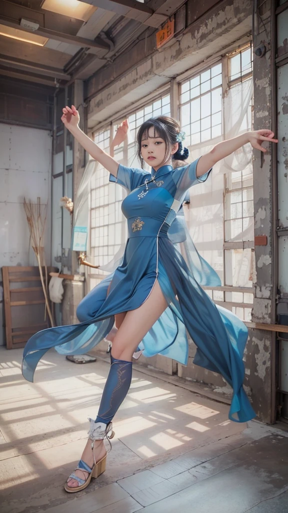 Wearing a Vietnamese blue ao dai costume、(Simple blue ao dai,Long and large slit),Japanese woman doing a high kick、(Long legs、Model body type,Large Breasts)、Legs kicked high above the head,Her legs are beautiful and long,Front View,Full body portrait,Martial arts practice in a beautiful grand martial arts room,One girl, High resolution, masterpiece, accurate, Anatomically correct, 最high quality, Winner of numerous awards, High detail, High-resolution model, high quality, Very detailed, Ultra high definition, Textured skin, Retina, Black Hair, 