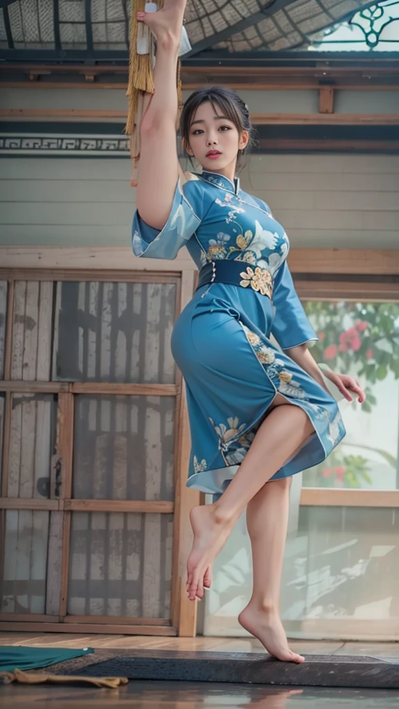 Wearing a Vietnamese blue ao dai costume、(Simple blue ao dai,Long and large slit),Japanese woman doing a high kick、(Long legs、Model body type,Large Breasts)、Legs kicked high above the head,Her legs are beautiful and long,Front View,Full body portrait,Martial arts practice in a beautiful grand martial arts room,One girl, High resolution, masterpiece, accurate, Anatomically correct, 最high quality, Winner of numerous awards, High detail, High-resolution model, high quality, Very detailed, Ultra high definition, Textured skin, Retina, Black Hair, 