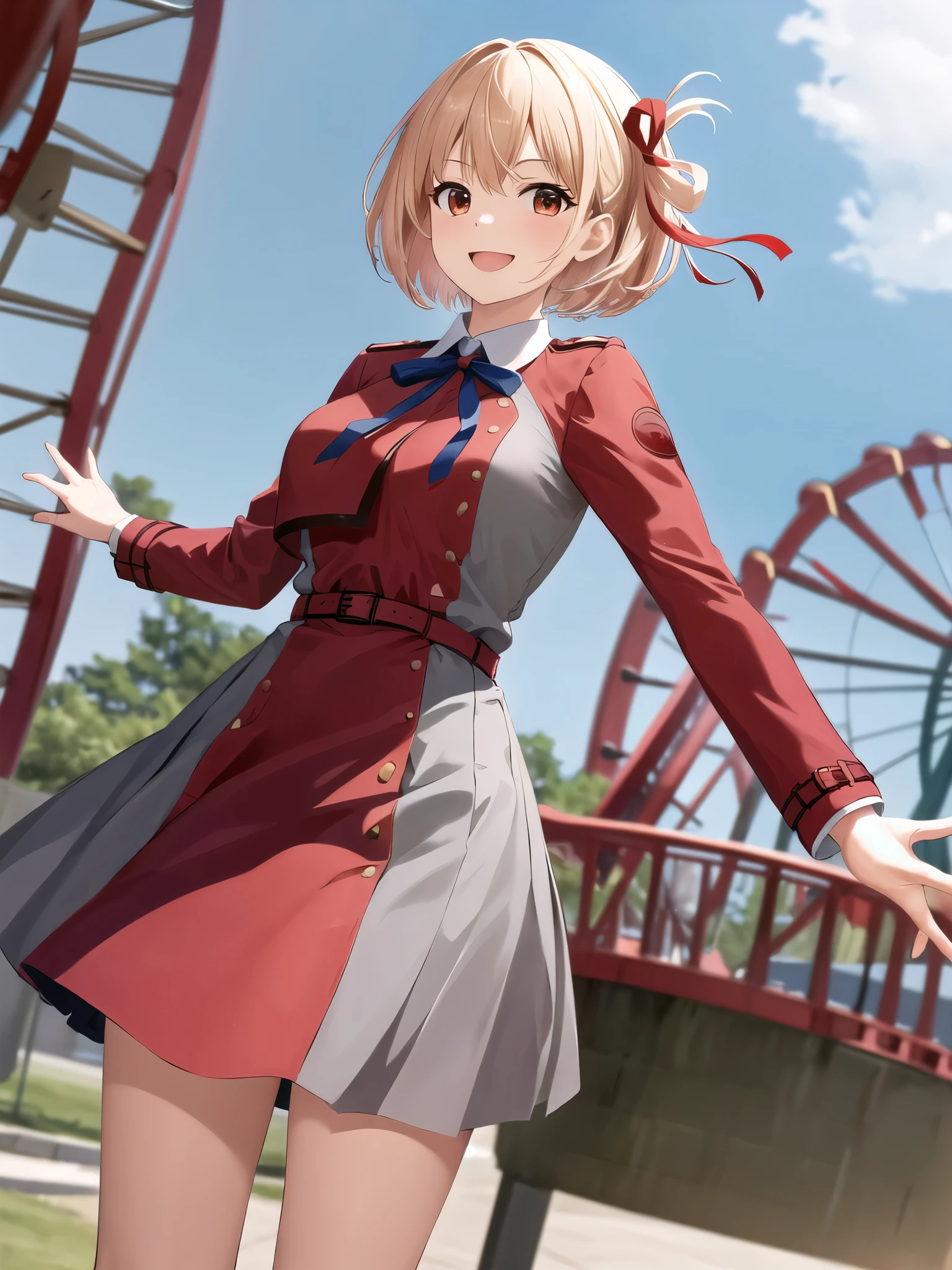 masterpiece, best quality, highres, aachisato, short hair, hair ribbon, breasts, neck ribbon, collared shirt, lycoris uniform, two-tone dress, red dress, grey dress, long sleeves, red belt, waving, smile, amusement park, standing