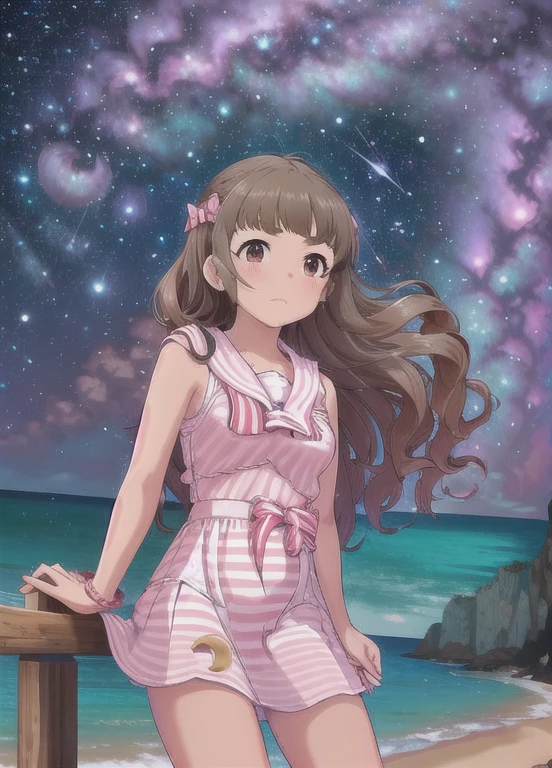 Absurd, High resolution, masterpiece, Best Quality, Nao Kamiya, Brown Hair, Long Hair, (shy:1.1), (:1.1), Pink Lips, break, One girl, Alone, Staring at the viewer, Outdoor, Beach, Starry Sky,night, you have_Sailor_dress, striped bow, white dress, mini skirt, Thighs, coastal,Crescent Moon,Choppy sea
