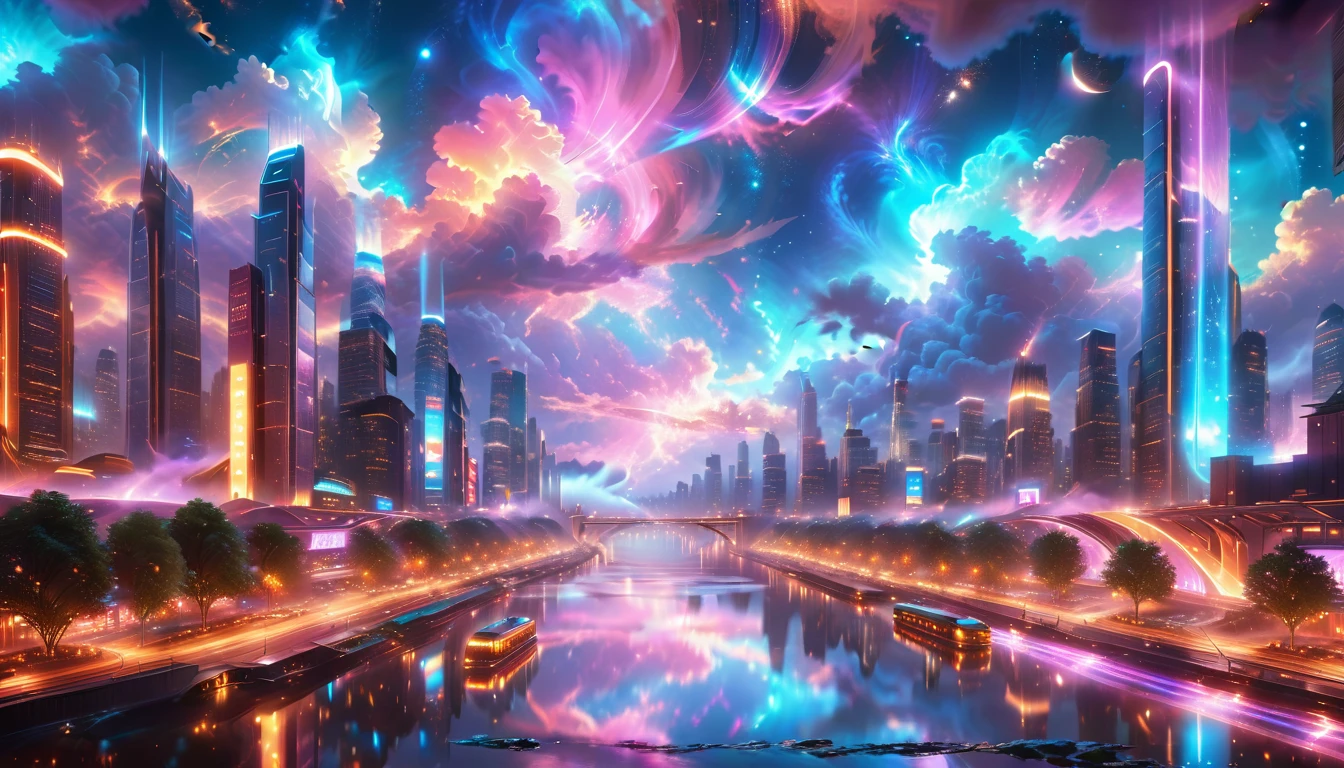 A Masterpiece In 32K Resolution, Supreme Quality, Super Detail, Official Art, Very High-Resolution 32K Wallpaper, Beautiful And Aesthetic, Ultra-Detailed Features, Awe-Inspiring Detail. A Vibrant, Glowing City At Night-Skyscrapers With Dazzling Lights Illuminate The Skyline, Their Reflections Shimmering In A Serene River That Flows Through The City. Above, Nebula-Like Clouds Swirl, And The Night Sky Is Alive With Stars And Distant Galaxies. The Streets Below Pulse With Bioluminescent Energy, Lined With Futuristic Buildings That Glow In Radiant Hues. Soft Mist Rises From The River, Catching The Glow Of The City Lights, As Neon Signs And Holographic Billboards Cast Dynamic, Colorful Patterns On The Surroundings, Creating A Dreamlike, Enchanted Atmosphere. The Entire City Is Bathed In A Surreal Radiance, Blending Technology And Magic Under The Moonlit Sky.