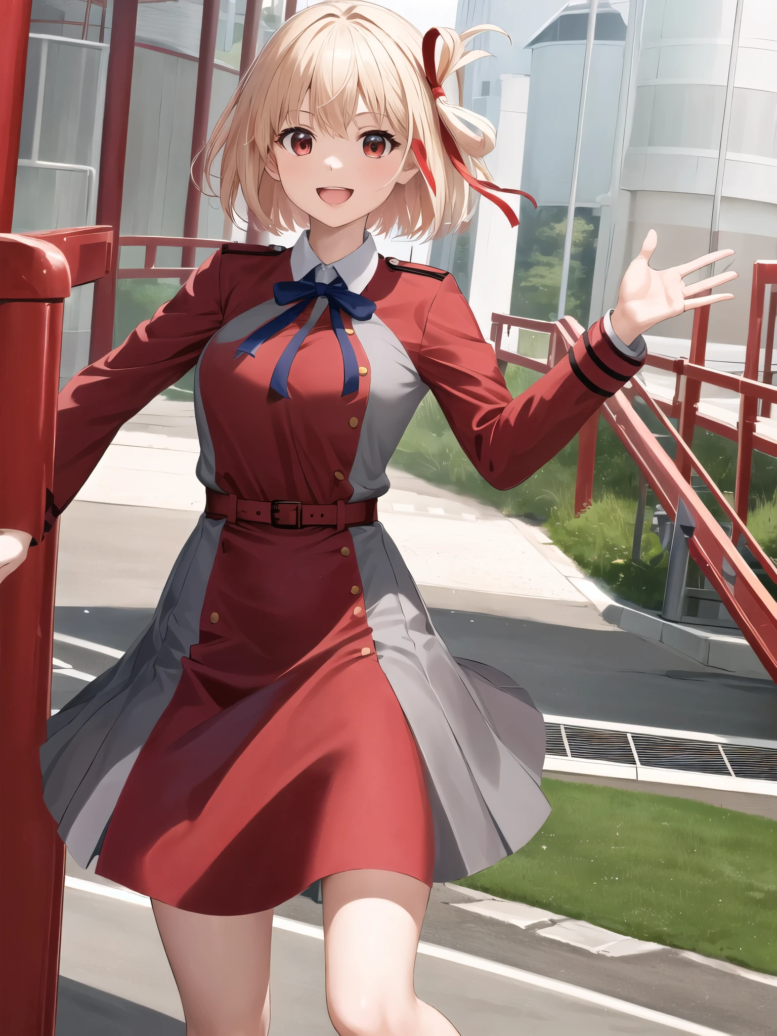 masterpiece, best quality, highres, aachisato, short hair, hair ribbon, breasts, neck ribbon, collared shirt, lycoris uniform, two-tone dress, red dress, grey dress, long sleeves, red belt, waving, smile, amusement park, standing