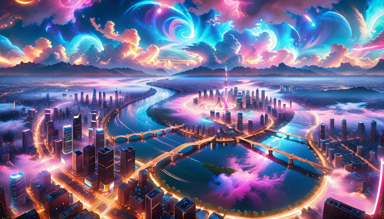 A Masterpiece In 32K Resolution, Supreme Quality, Super Detail, Official Art, Very High-Resolution 32K Wallpaper, Beautiful And Aesthetic, Ultra-Detailed Features, Awe-Inspiring Detail. A Vibrant, Glowing City At Night-Skyscrapers With Dazzling Lights Illuminate The Skyline, Their Reflections Shimmering In A Serene River That Flows Through The City. Above, Nebula-Like Clouds Swirl, And The Night Sky Is Alive With Stars And Distant Galaxies. The Streets Below Pulse With Bioluminescent Energy, Lined With Futuristic Buildings That Glow In Radiant Hues. Soft Mist Rises From The River, Catching The Glow Of The City Lights, As Neon Signs And Holographic Billboards Cast Dynamic, Colorful Patterns On The Surroundings, Creating A Dreamlike, Enchanted Atmosphere. The Entire City Is Bathed In A Surreal Radiance, Blending Technology And Magic Under The Moonlit Sky.