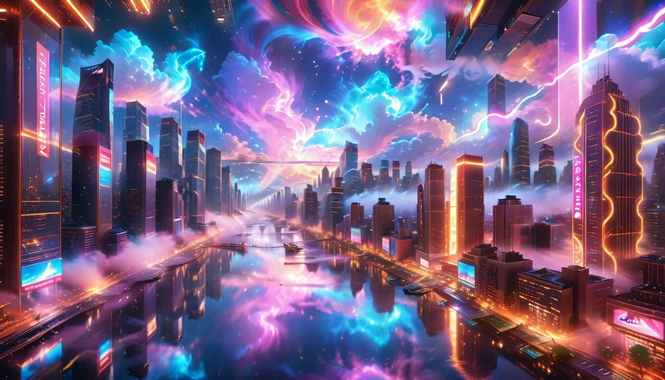 A Masterpiece In 32K Resolution, Supreme Quality, Super Detail, Official Art, Very High-Resolution 32K Wallpaper, Beautiful And Aesthetic, Ultra-Detailed Features, Awe-Inspiring Detail. A Vibrant, Glowing City At Night-Skyscrapers With Dazzling Lights Illuminate The Skyline, Their Reflections Shimmering In A Serene River That Flows Through The City. Above, Nebula-Like Clouds Swirl, And The Night Sky Is Alive With Stars And Distant Galaxies. The Streets Below Pulse With Bioluminescent Energy, Lined With Futuristic Buildings That Glow In Radiant Hues. Soft Mist Rises From The River, Catching The Glow Of The City Lights, As Neon Signs And Holographic Billboards Cast Dynamic, Colorful Patterns On The Surroundings, Creating A Dreamlike, Enchanted Atmosphere. The Entire City Is Bathed In A Surreal Radiance, Blending Technology And Magic Under The Moonlit Sky.