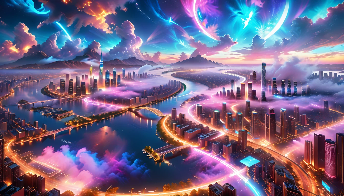 A Masterpiece In 32K Resolution, Supreme Quality, Super Detail, Official Art, Very High-Resolution 32K Wallpaper, Beautiful And Aesthetic, Ultra-Detailed Features, Awe-Inspiring Detail. A Vibrant, Glowing City At Night-Skyscrapers With Dazzling Lights Illuminate The Skyline, Their Reflections Shimmering In A Serene River That Flows Through The City. Above, Nebula-Like Clouds Swirl, And The Night Sky Is Alive With Stars And Distant Galaxies. The Streets Below Pulse With Bioluminescent Energy, Lined With Futuristic Buildings That Glow In Radiant Hues. Soft Mist Rises From The River, Catching The Glow Of The City Lights, As Neon Signs And Holographic Billboards Cast Dynamic, Colorful Patterns On The Surroundings, Creating A Dreamlike, Enchanted Atmosphere. The Entire City Is Bathed In A Surreal Radiance, Blending Technology And Magic Under The Moonlit Sky.