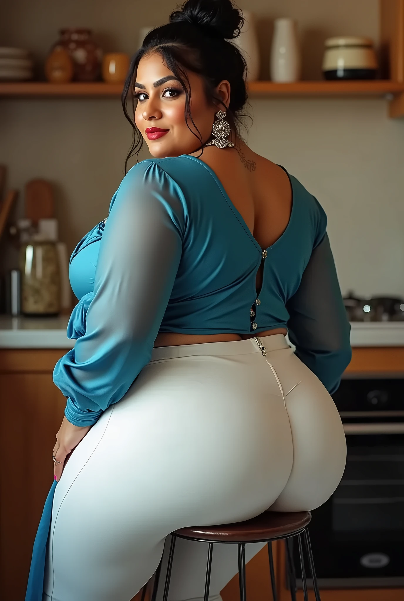 POV from behind Attractive dressing Beautiful long hairs perfect facial features of Women reading a comic while standing in kitchen one leg on table looks like gorgeous wife giving a doggy pose wearing sky blue long frock ((with big body curves, sky blue long frock clothing,bouncy breasts:2.4 thin waist,big wide hips , but gigantic thighs)) colorful, Added dupatta on shoulder