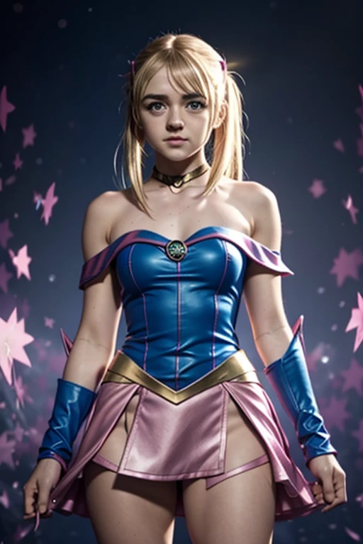 young blonde maisie williams in a dark magician girl costume from yugioh, (pink and blue outfit, bare shoulders, short outfit, strapless), (very long hair, blonde hair, straight hair, long_pigtails), stunning sexy pose, magic_colorful_background, (beautiful face, gentle closed-mouth grin), no-necklace, high resolution, female, 4k, full-body_shot 