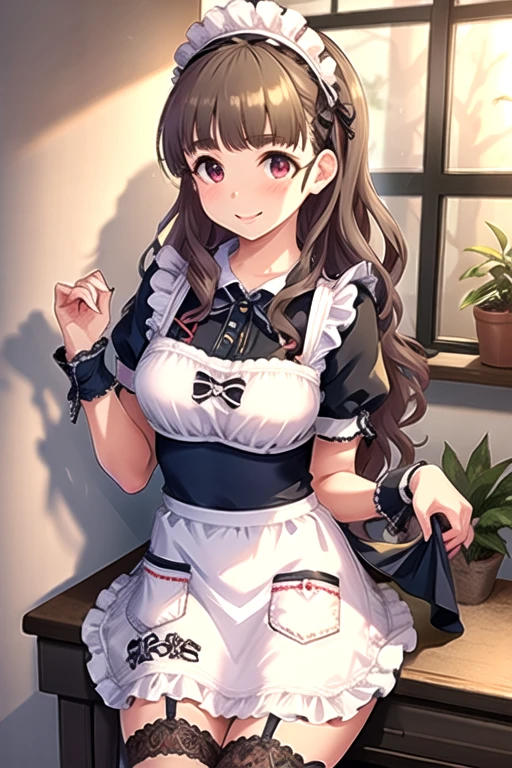 pretty girl, Super detailed eye, Super detailed, Extremely detailed CG, masterpiece, Best Quality, Extremely detailed CG, (Soft Shadows), (Very detailed and beautiful:1.8), Nao Kamiya, One girl, apron, black_bow, black_Legwear, black_ribbon, dull_前hair, bow, brown_hair, enMaided, length_hair, Maid, Maid_apron, Maid_Headdress, red_eye, ribbon, smile, Alone, thighhighs, white_apron, wrist_cuffs, 