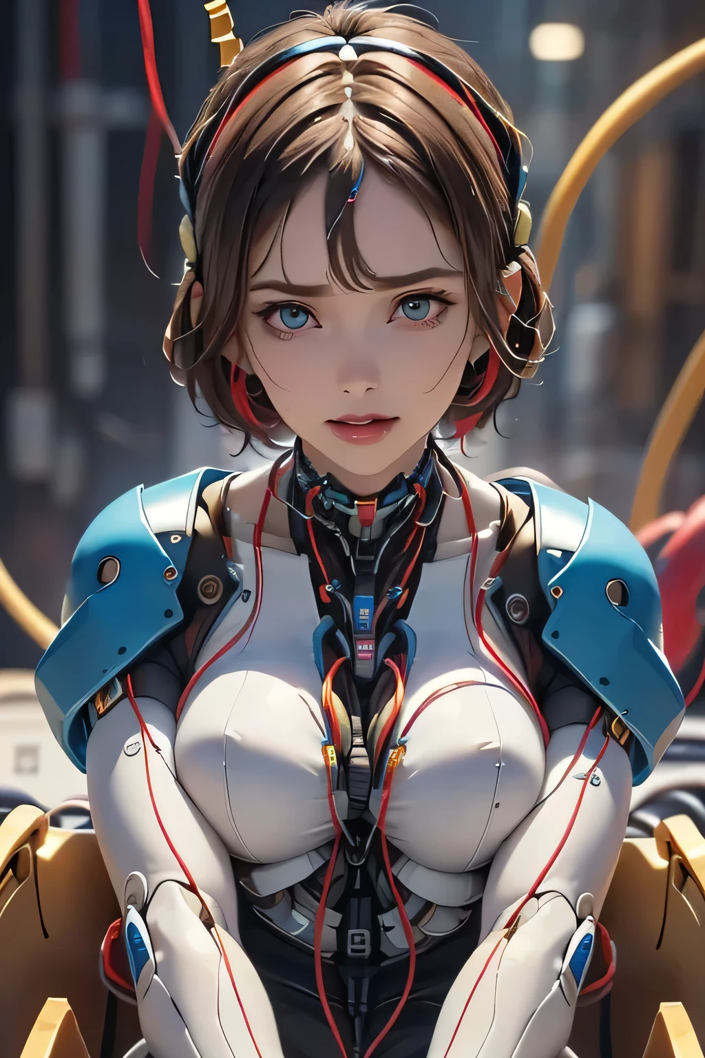 (((Sparks fly))), (((Highest quality))), ((Very detailedな)), (High-definition CG illustrations), ((Very delicate and beautiful)), Cinematic Light,((1 Mecha Woman)),alone,mature,(Ahegao),Big and ample breasts,Plump, whole body,(Machine made joints:1.2),((Mechanical marginal vessels connected to tubes),((Cervical vertebrae mechanically attached to the neck)),(((The crotch is open))),(Sitting),(wires and cables around the neck:1.2),(Overhead Wires and Cables:1.2)(Character Focus),sf,((Very detailed,colorful)),Best details