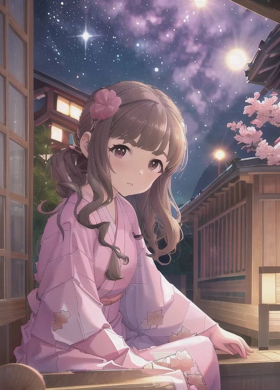 Absurd, High resolution, masterpiece, Best Quality, Nao Kamiya, Brown Hair, Long Hair, (shy:1.1), (:1.1), Pink Lips, break, One girl, Alone, Staring at the viewer, Outdoor, Beach, Starry Sky,night,, coastal,Crescent Moon,Choppy sea
(A typical Japanese yukata with a pink floral pattern、Worn with an untwisted obi。:1.25), Portrait, masterpiece, Best Quality, High resolution, Plum-colored lips), Exterior of a traditional Japanese house,