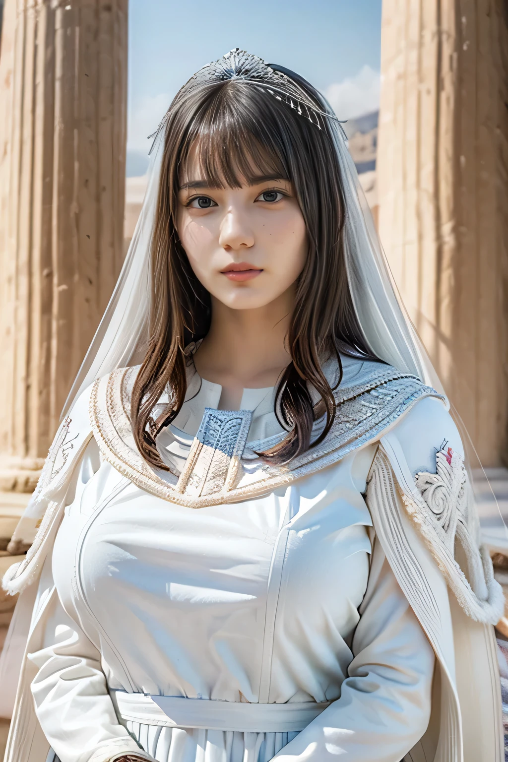 (a beautiful European teen girl with gigantic breasts), detailed face, long eyelashes, long front bangs, in a greek temple setting, best quality, 8k, hyperrealistic, photorealistic, professional, masterpiece, dramatic lighting, intricate details, vivid colors,((white mythical goddess costume)), (Beautiful white skin), (mantle:1.5)