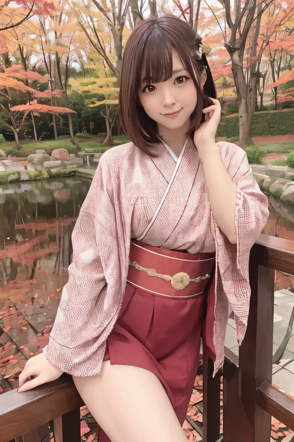 cute woman、cute face、cute smile、10 years old 、full body shot、80mm、well-shaped chest、lazy smile、japanese kimono、Miko costume、shrine、torii、cherry blossoms、