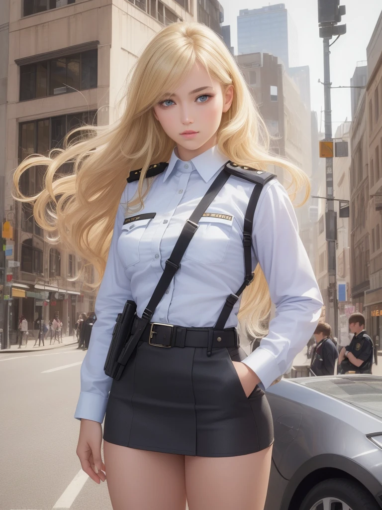 (masterpiece: 1.1), (top quality: 1.1), (absurd: 1.3), (photorealistic: 1.5), RAW photo of a beautiful girl, full view, Long hair, blonde hair, (young girl: 1.3), Slim, Detailed eyes, detailed face, detailed lips, (cinematic composition: 1.1), Police officer, police uniform, micro mini skirt, city, dynamic pose