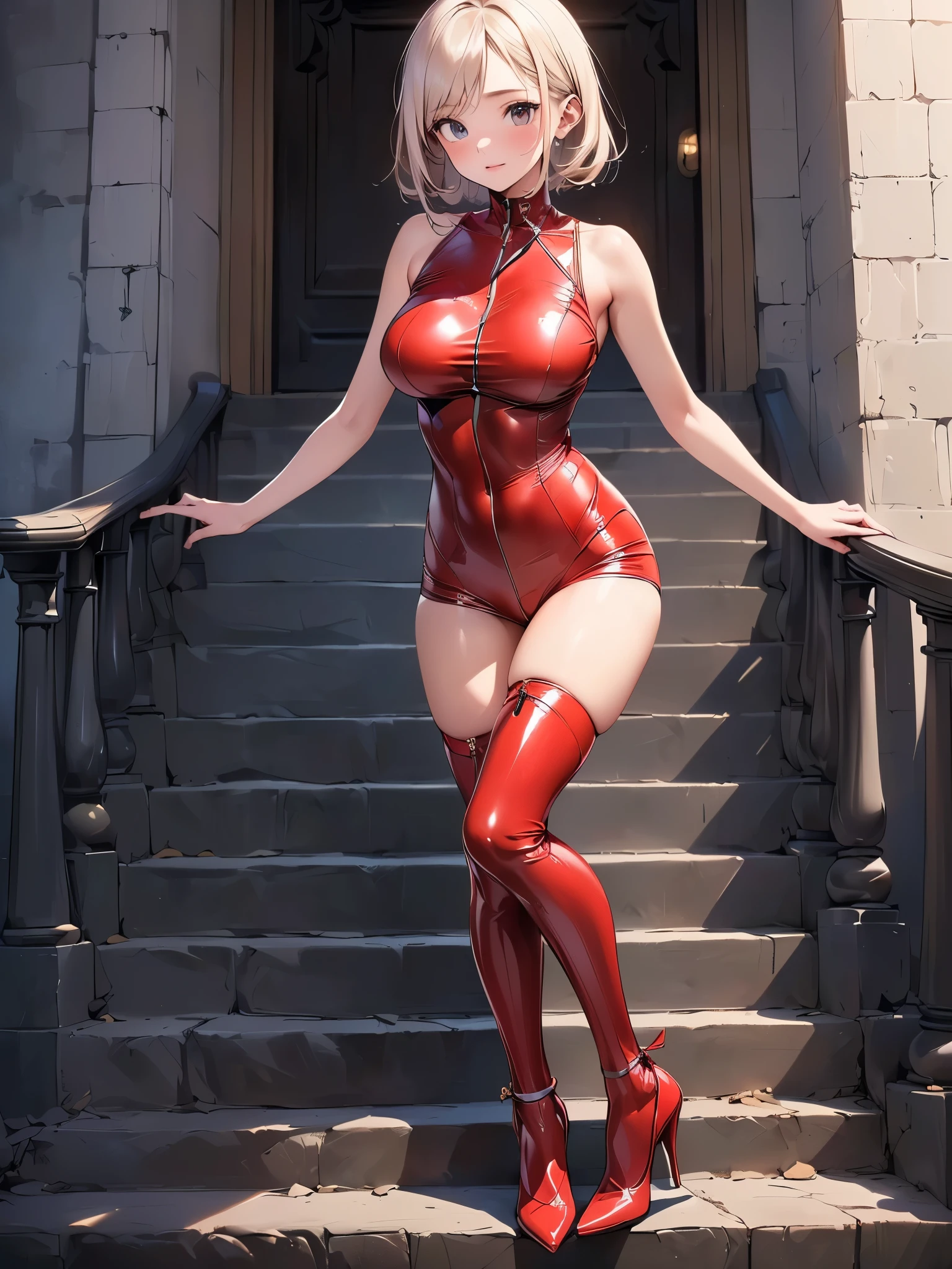 (whole body:1.5),octane rendering, 8K, best quality, masterpiece, illustration, extremely delicate and beautiful, detailed,extremely detailed,CG,Unite,wallpaper,Astonishing, fine details, realistic art: 1.2 ,masterpiece, best quality, official art, extremely detailed CG Unite 8K wallpaper,1 girl, 16 years old, standing, in a stone medieval vault, vaulted roof,,wearing red latex dominatrix costume, at night, skinny body, surprised facial expression,, wide open eyes, pale pink eyes, white hair, long single braid, pretty symetrical face, shiny wet skin, oiled skin, white skin, lots of freckles, pale complexion, thin waist, narrow hips, long legs, skinny body, small breasts, , Realistic photos, (hiqcgbody) ,perfect female figure,