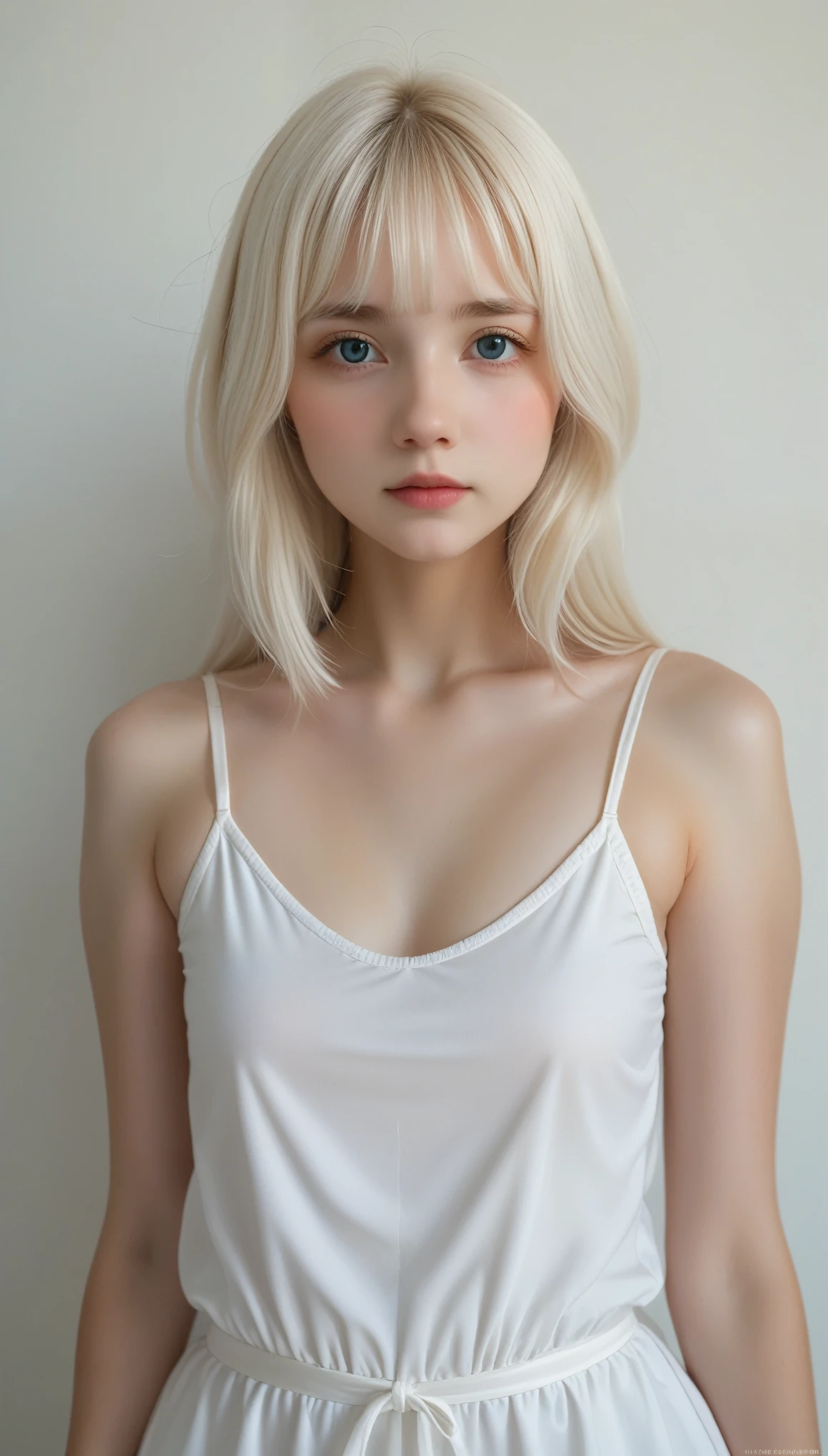 (((white background:1.3)))、Albino Girl、Super cute、Cute expression、(((1 girl))), ,(((Eyes are white:1.3)))、White camisole dress、((White shirt:1.3、White Block Dress)), Tyndall effect, Realistic, Shadow Studio,Ultramarine Lighting, Dual Tone Lighting, (Skin with detailed details: 1.2)、薄Dim lighting、Dim lighting、 photograph, High resolution, 4K, 8k, Background Blur,Fade out beautifully、White World、white background