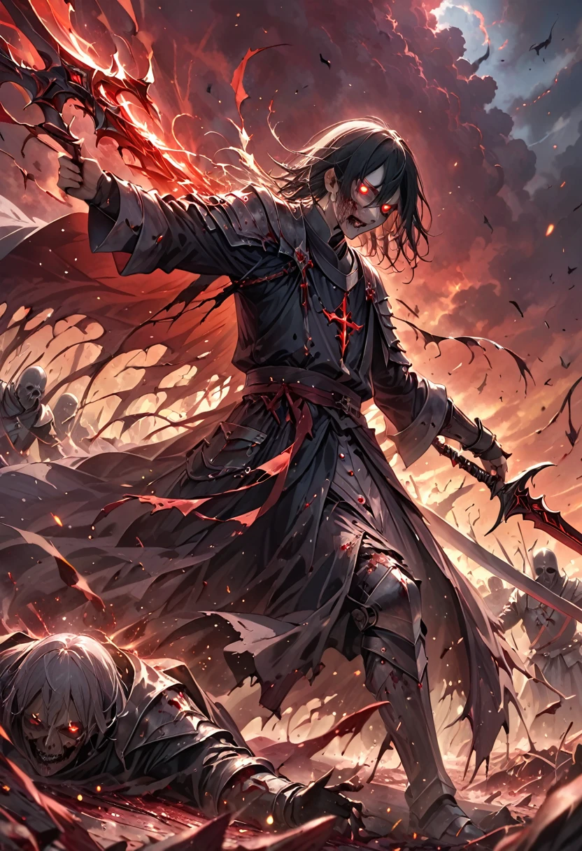 A grim battlefield under a blood-red sky, where knights and warriors clash violently, amidst the chaos, a fallen priest rises, his body covered in scars and his eyes glowing with dark magic, in one hand, he holds a blood-soaked holy symbol, and in the other, a cursed blade that hums with arcane energy, the priest’s face is twisted with rage and grief, as he slashes through his former comrades, chanting blasphemous spells that tear apart flesh and armor, around him, the bodies of the fallen rise again as undead soldiers, their hollow eyes reflecting the hatred that drives them, the priest strides forward, unstoppable, his only goal to bring ruin to the kingdom that betrayed him.