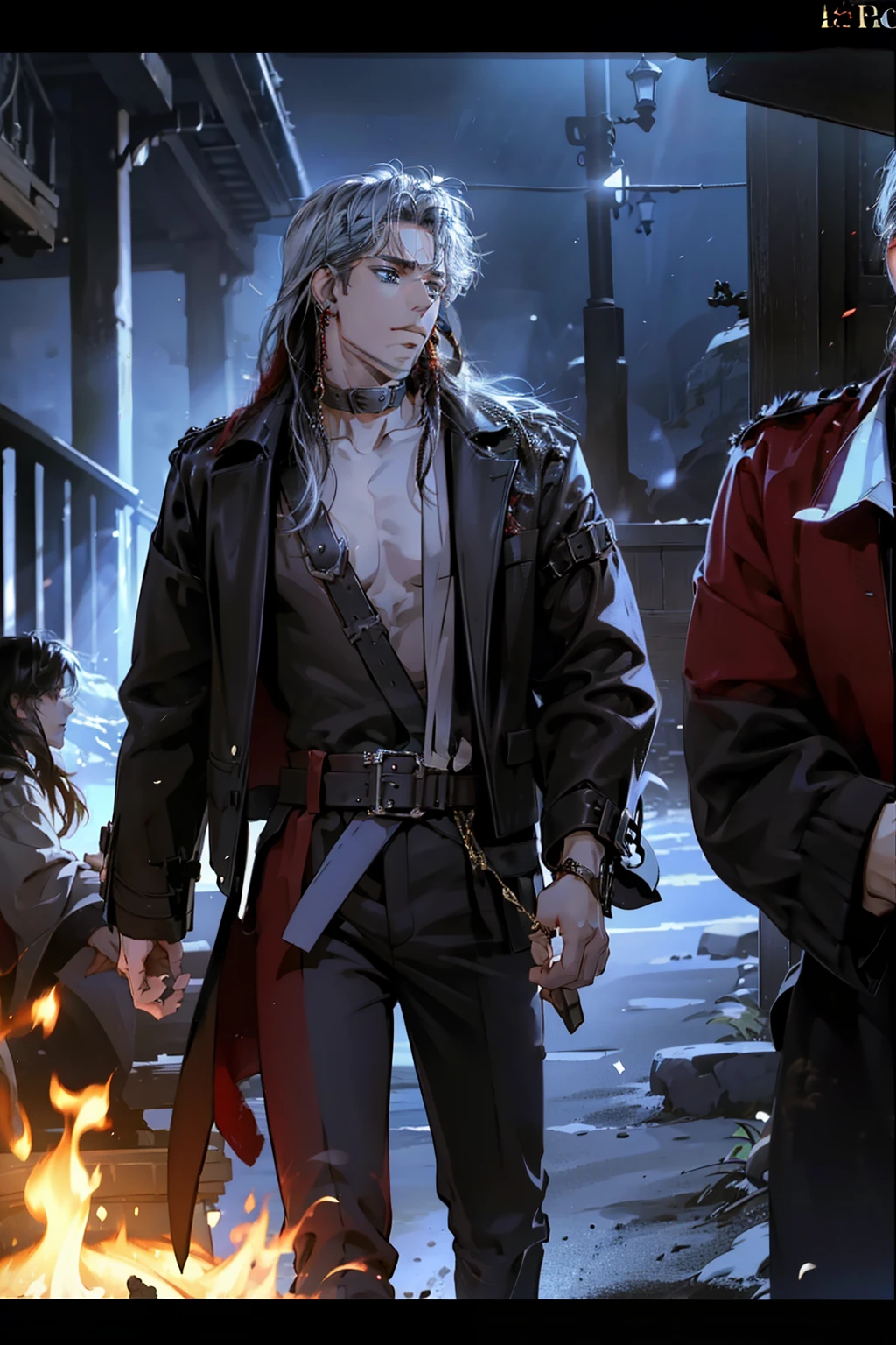 (Best Quality, masterpiece, 8k, Realistic, Cinematic Lighting, 1:4. HDR Images,Rin々A handsome face,Very handsome,Beautiful,Black and red dreadlocks,One man,Back Alley at Dawn,Black Leather Jacket,Black Leather Bottoms,Silver Ring,Multiple ear piercings,Crow,Japanese anime style,High resolution,Walking briskly,Dark Hero,Golden Eyes,Long eyelashes