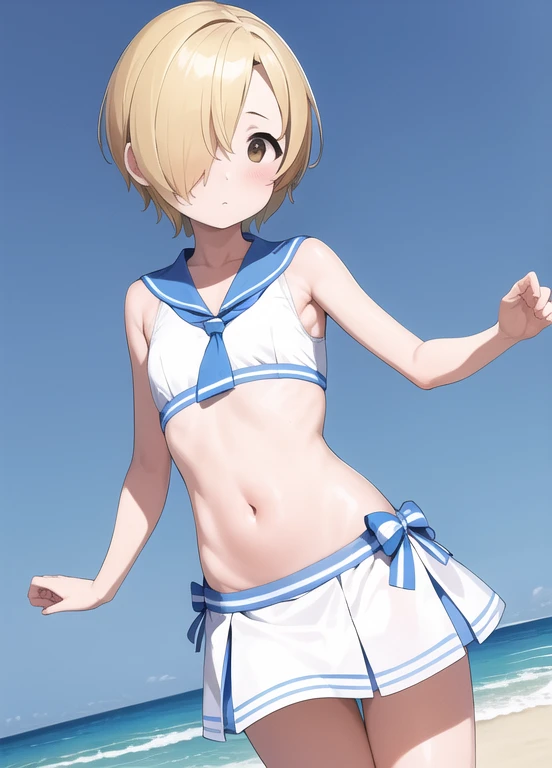 masterpiece, highest quality, High resolution, One Girl, Hamriz, ponytail, Brown eyes,big , Micro Bikini、Beach,Outdoor、Upper body close-up、Muscular body、blush、Sweat、Composition from the front、anime、(((Light blue bikini、真Composition from the front、Sweat、null、cloud、Stand in front、audience)))