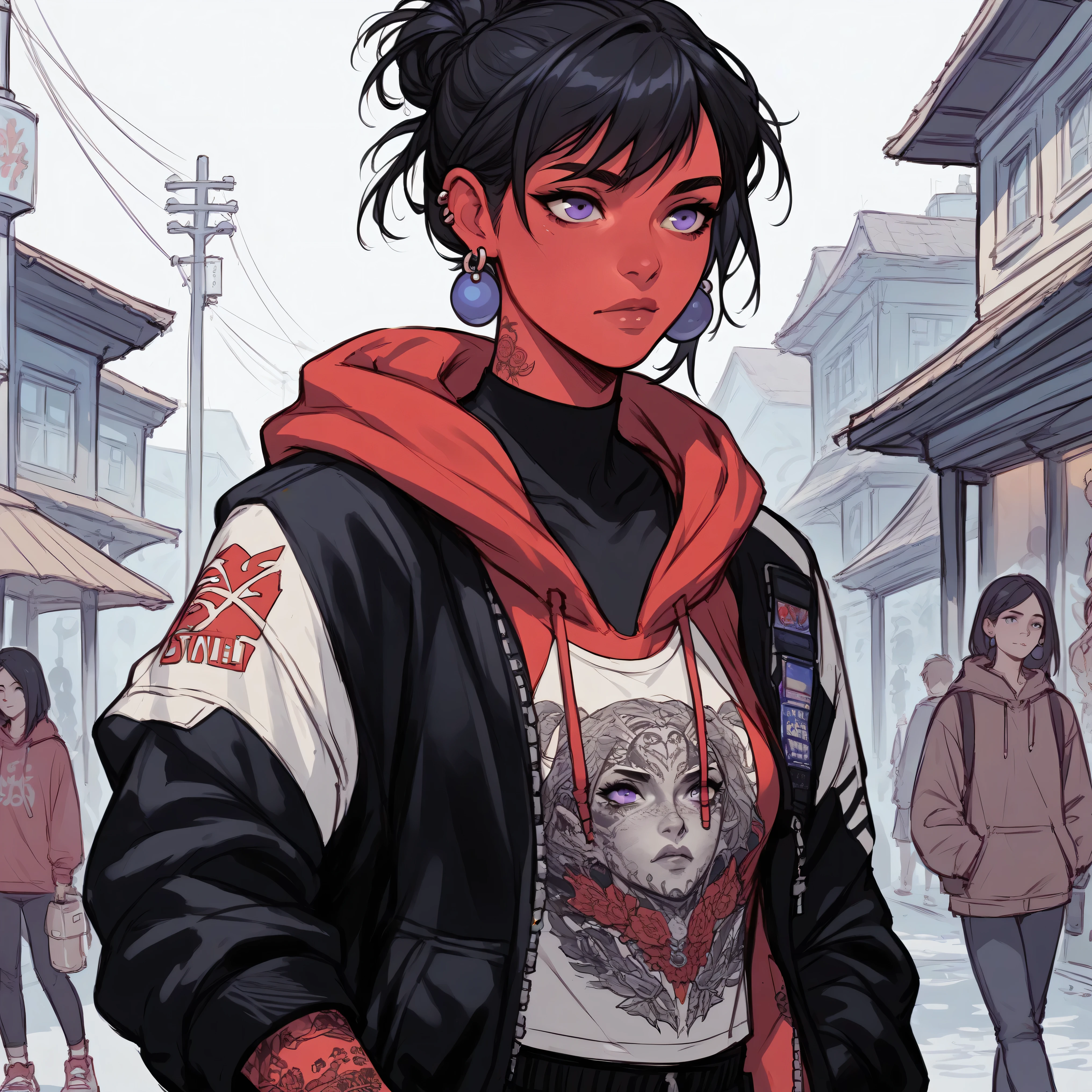 comics style,young woman with red skin , black hair , purple eyes puts on a streetwear winter clothings.  strong,She is tall,earrings, street tattoos , she walks downtown 
,sketch 