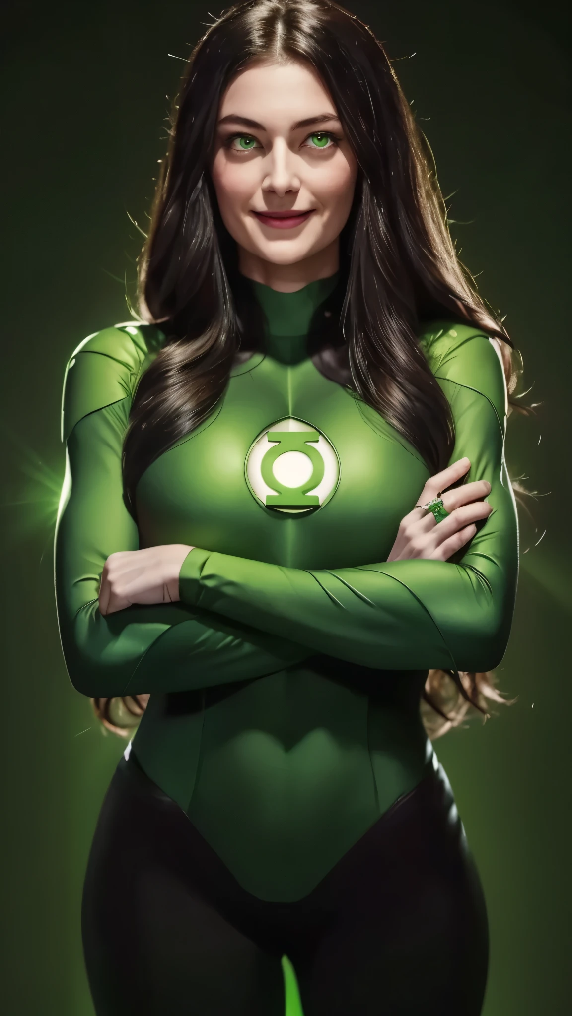 woman, long black hair, green eyes, smiling, full bodysuit, wearing a green ring, light background, medium breasts, sexy, feminine, masterpiece, crossed arms, beautiful detailed eyes, detailed face, looking at viewer, glowing, dark background, half body portrait, green lantern, quarter view, green aura, caucasian, detailed hands,