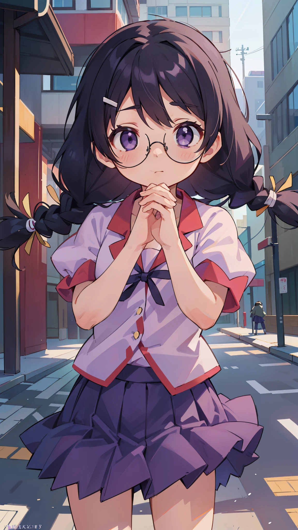 Hanekawa Tsubasa, hanekawa tsubasa, Long Hair, Black Hair, hair ornaments, (Purple eyes:1.1), Braiding, Barrette, Twin Braidings, , Naoetsu High School , , The crotch is partially visible,Glasses,break skirt, , Naoetsu High School ,break outdoors, city,break looking at viewer, break (Tabletop:1.2), Highest quality, High resolution, unity 8k wallpaper, (figure:0.8), (Beautiful attention to detail:1.6), Highly detailed face, Perfect lighting, Highly detailed CG, (Perfect hands, Perfect Anatomy),