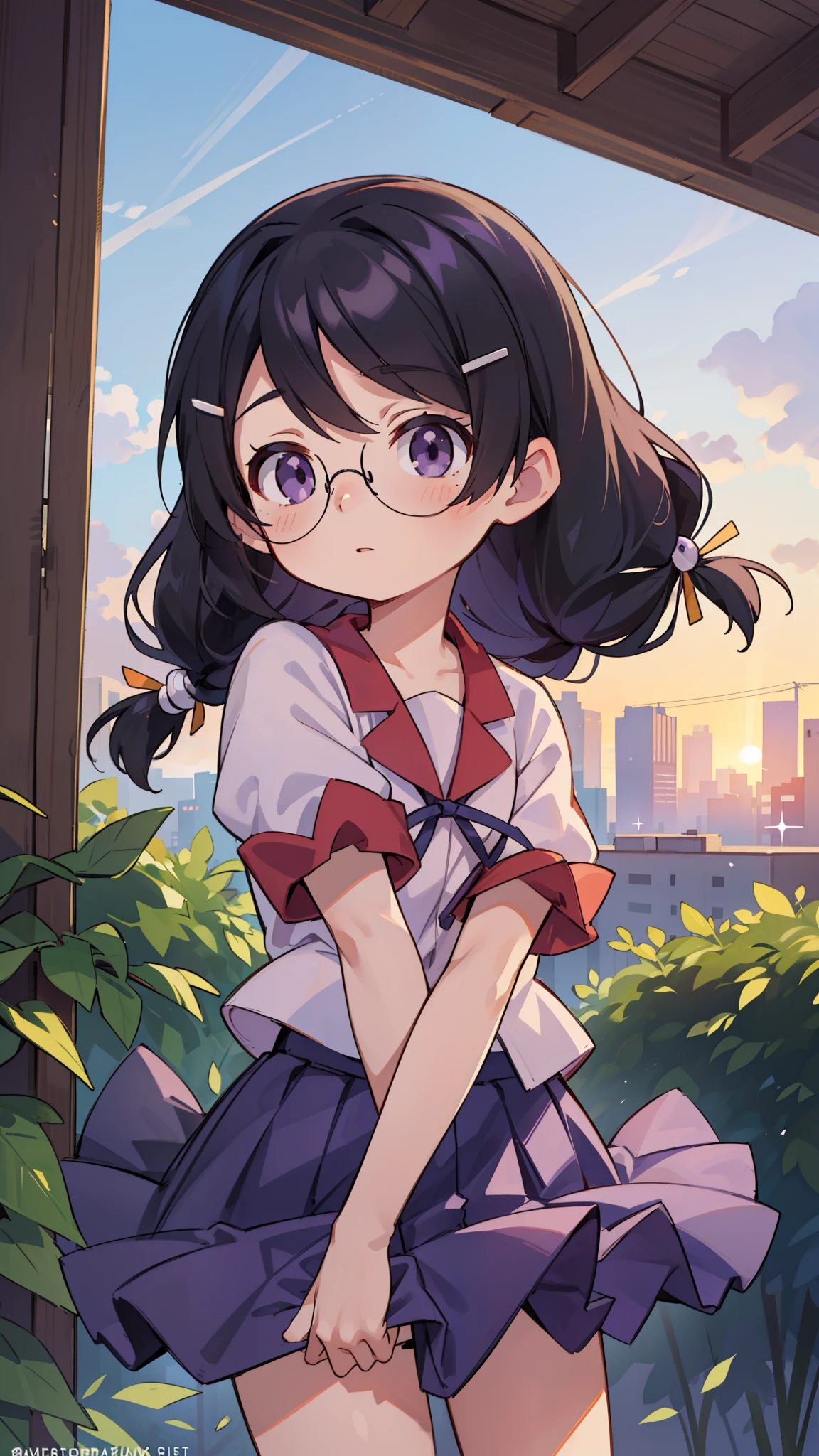 Hanekawa Tsubasa, hanekawa tsubasa, Long Hair, Black Hair, hair ornaments, (Purple eyes:1.1), Braiding, Barrette, Twin Braidings, , Naoetsu High School , , The crotch is partially visible,Glasses,break skirt, , Naoetsu High School ,break outdoors, city,break looking at viewer, break (Tabletop:1.2), Highest quality, High resolution, unity 8k wallpaper, (figure:0.8), (Beautiful attention to detail:1.6), Highly detailed face, Perfect lighting, Highly detailed CG, (Perfect hands, Perfect Anatomy),