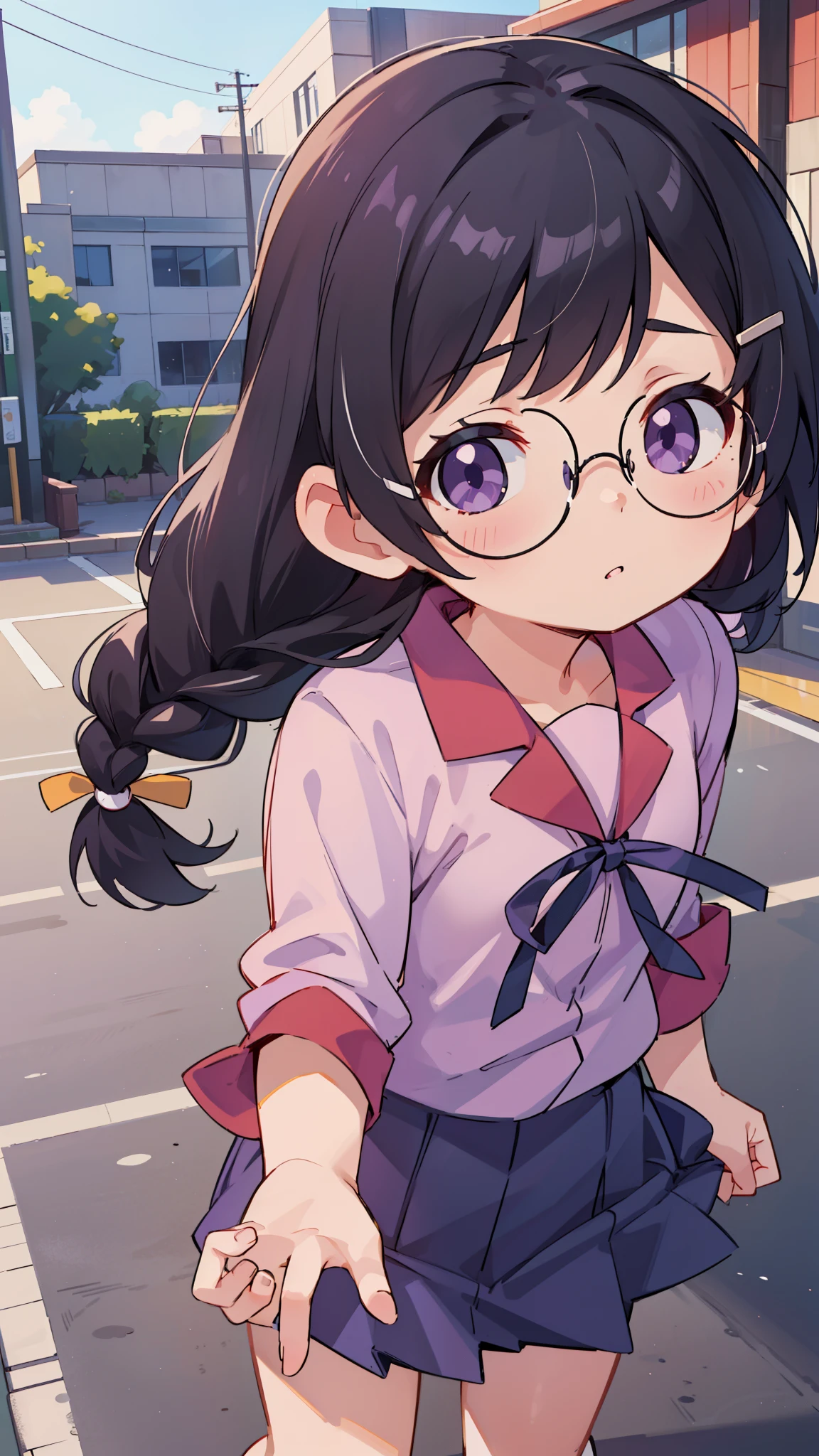Hanekawa Tsubasa, hanekawa tsubasa, Long Hair, Black Hair, hair ornaments, (Purple eyes:1.1), Braiding, Barrette, Twin Braidings, , Naoetsu High School , , The crotch is partially visible,Glasses,break skirt, , Naoetsu High School ,break outdoors, city,break looking at viewer, break (Tabletop:1.2), Highest quality, High resolution, unity 8k wallpaper, (figure:0.8), (Beautiful attention to detail:1.6), Highly detailed face, Perfect lighting, Highly detailed CG, (Perfect hands, Perfect Anatomy),