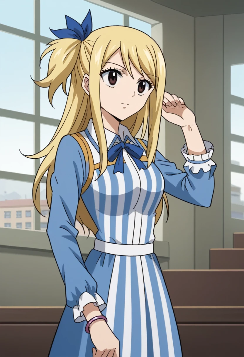 score_9, score_8_up, score_7_up, source_anime, solo, 1girl, solo, Lucy Heartfilia, blonde hair, brown eyes, long hair, one side up, ribbon, hair ribbon, blue ribbon, blue striped dress, long sleeves, indoors, rooftop, elegant room, bedroom, cowboy shot, ,looking at veiewers, Best Quality, Masterpece, looking at the viewers, Best Quality, Bracelet, squard neck, standing, 