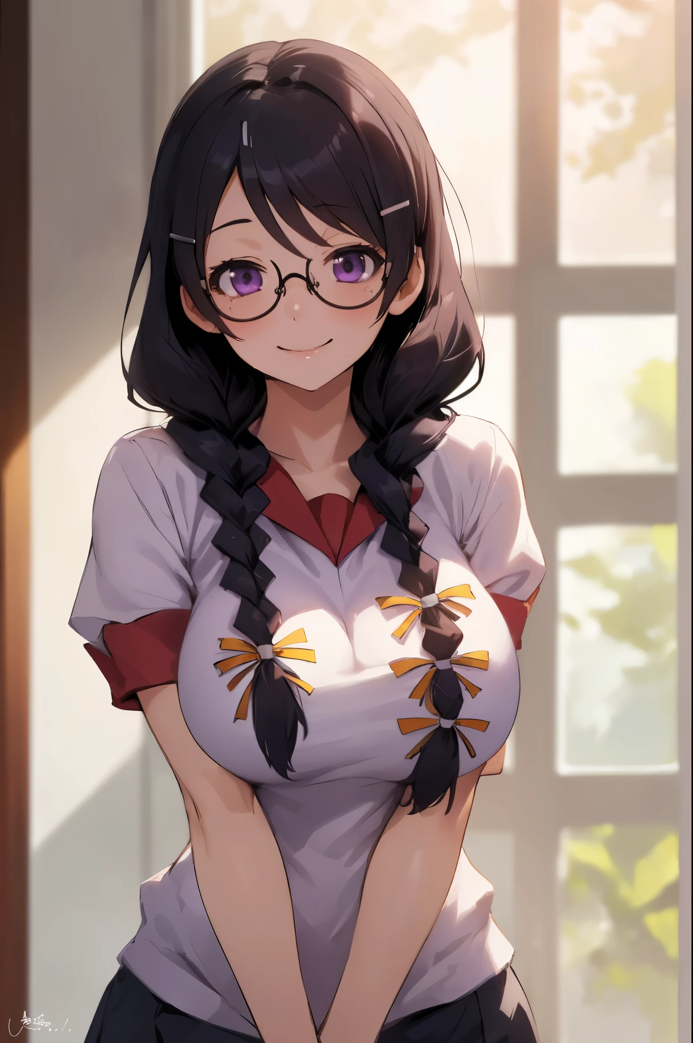 (best quality, masterpiece, RAW photo,ultra-detailed:1.2), 1girl,solo,looking at viewer,smile hanekawa tsubasa, long hair, black hair, hair ornament, (purple eyes:1.1), braid, hairclip, twin braids, glasses, very large breasts, big 