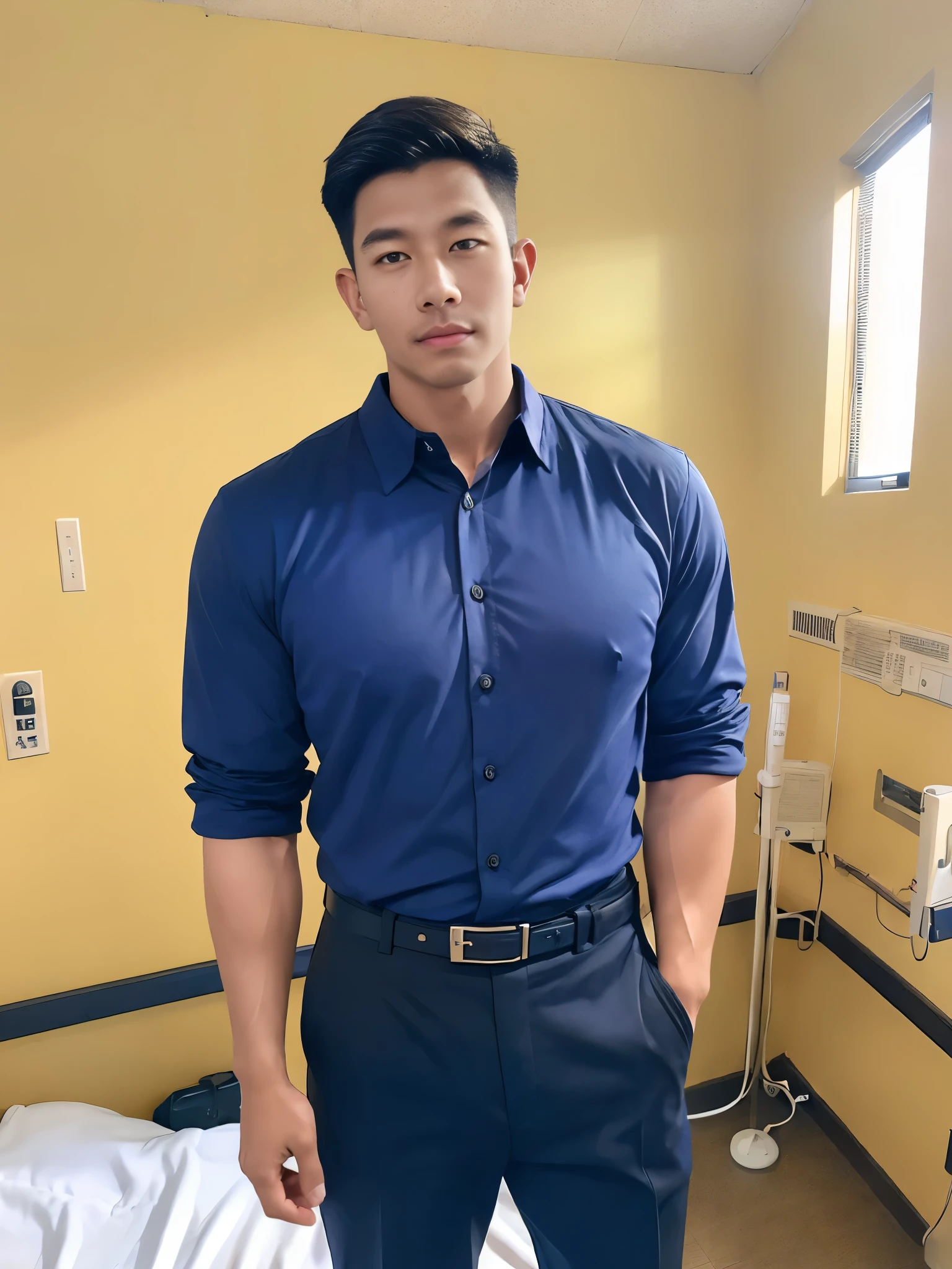 (armface:1.3) , Handsome young man standing ,glass , (have a mustache:0.8) , (short hair:1.2), The forearms are muscular., (Button-down collared shirt:1.2), (navy shirt:1.2), Brown belt,black pants, Big muscles, Handsome and muscular, full body angle,  At the back is the nurse's room (in the hospital: 1.4)