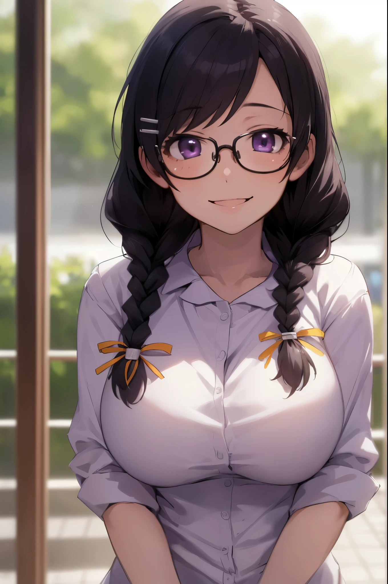 (best quality, masterpiece, RAW photo,ultra-detailed:1.2), 1girl,solo,looking at viewer,smile hanekawa tsubasa, long hair, black hair, hair ornament, (purple eyes:1.1), braid, hairclip, twin braids, glasses, very large breasts, big 