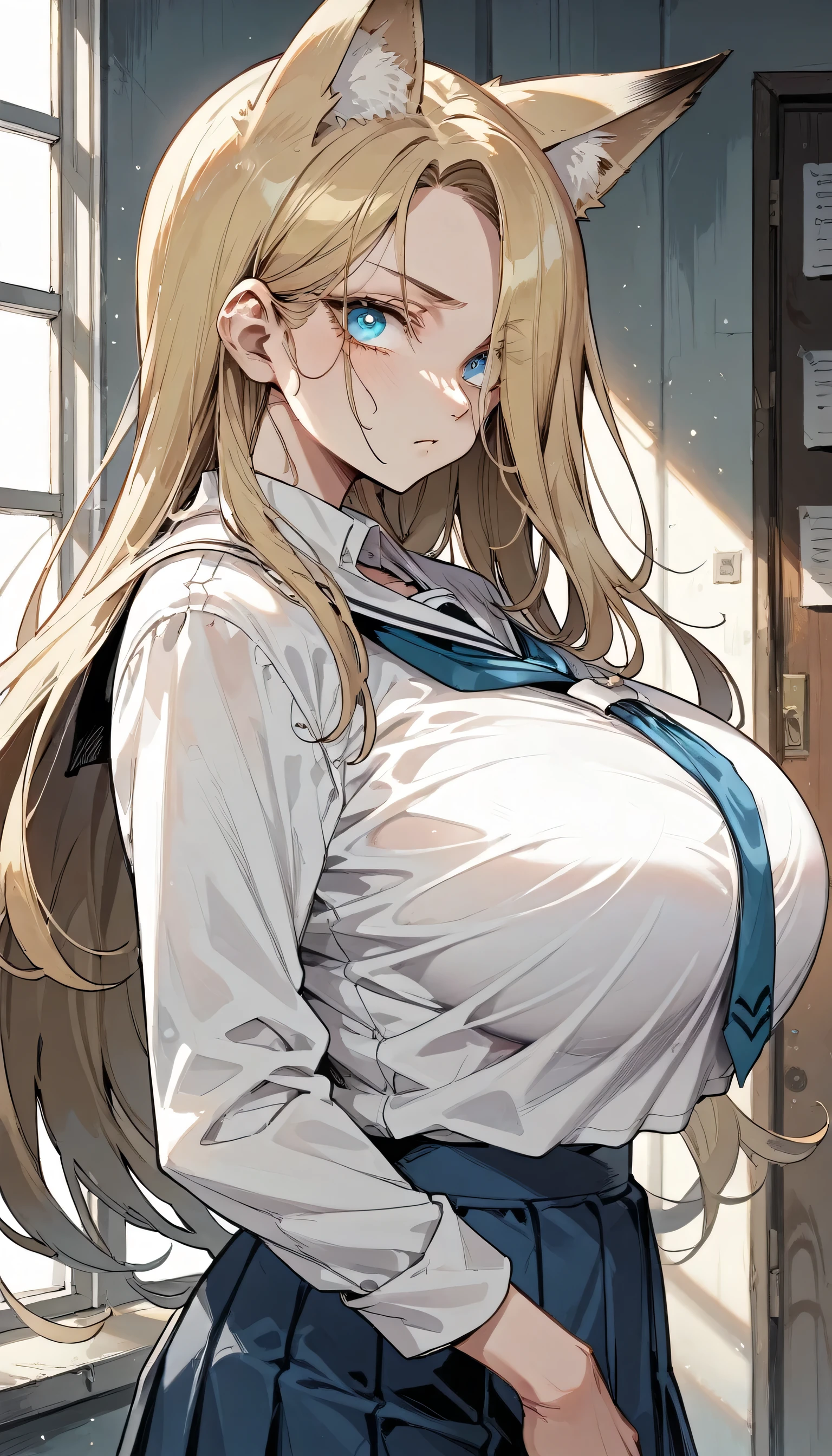 Cold Stare,(Fox Ears),(forehead,long hair over one eye),((side parted hair)),((huge breasts)),((Narrow eyes,Clear Eyes,Perfect Eyes)),Blonde,Long Hair,Old room,Magic School Uniform,Delinquent Girl,gal,mini skirt, clothes are exposed,from side,(from front)