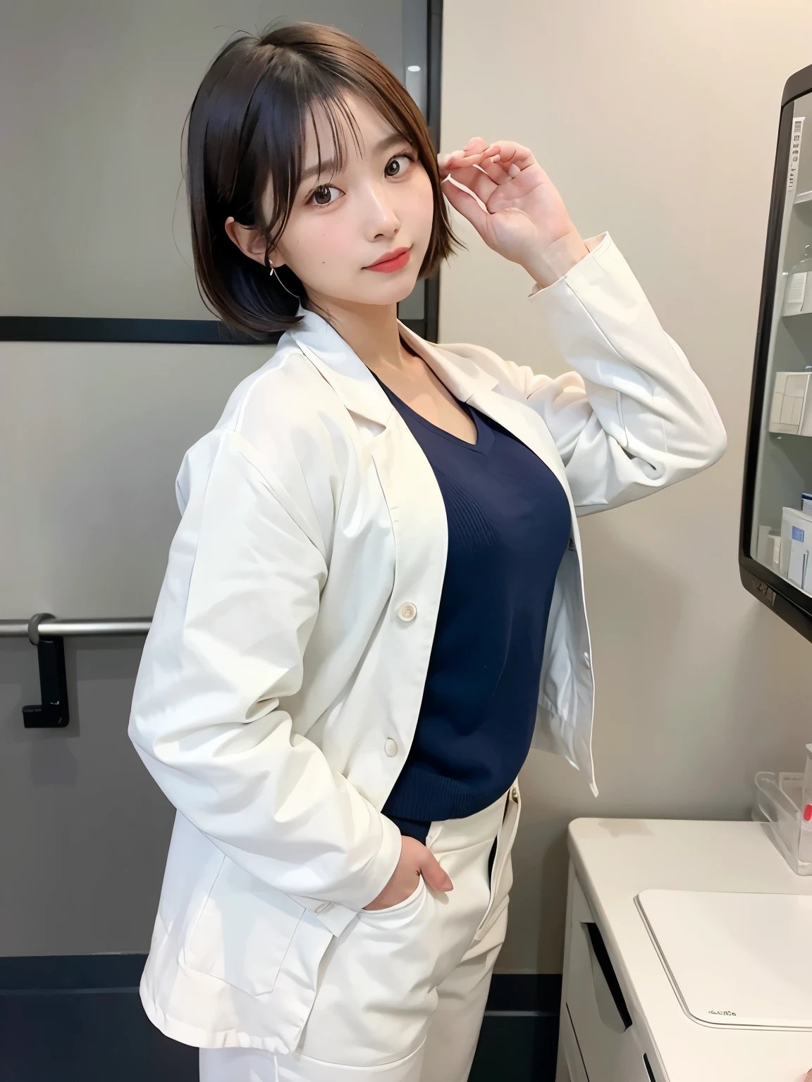 Booty pose, back view, ((Top Quality, 8k, Masterpiece: 1.3)), ((1 girl)), woman, (Huge Breasts:1.2), ((White lab coat)), ((paired with navy blue pants)), holding a clipboard and standing near laboratory equipment, Posing like a model, gold earring, (Women in Japan:1.05), ((short bob hair)), diffused natural skin glow, physically-based rendering, extra detailed face, Detailed skin, mole:0.1, disdaining face, full-face blush, embarrassed, troubled eyebrows, In a pharmaceutical lab, standing near scientific equipment with test tubes and laboratory devices around, upper body shot, front view, from below