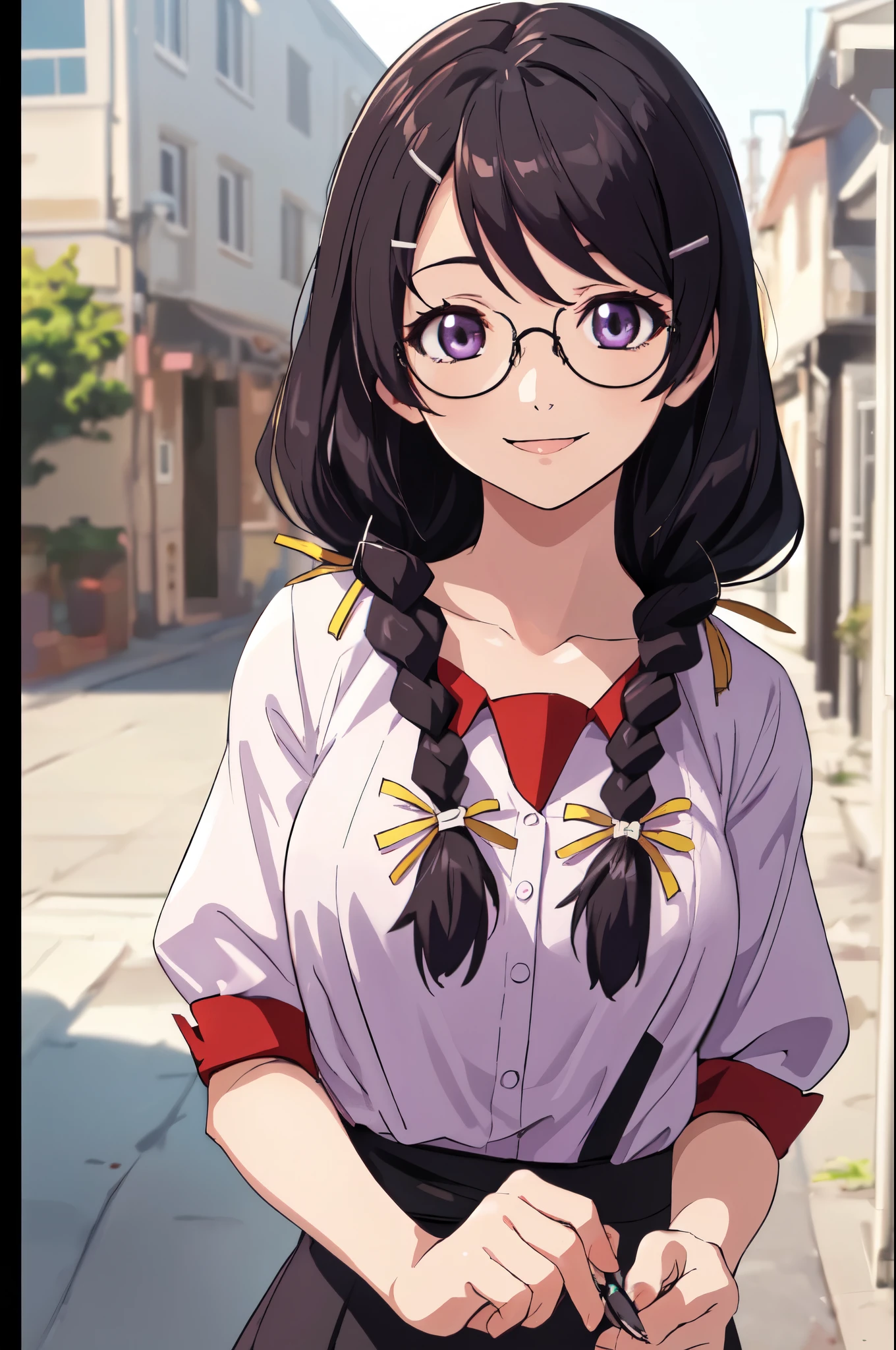 (best quality, masterpiece, RAW photo,ultra-detailed:1.2), 1girl,solo,looking at viewer,smile hanekawa tsubasa, long hair, black hair, hair ornament, (purple eyes:1.1), braid, hairclip, twin braids, glasses,
