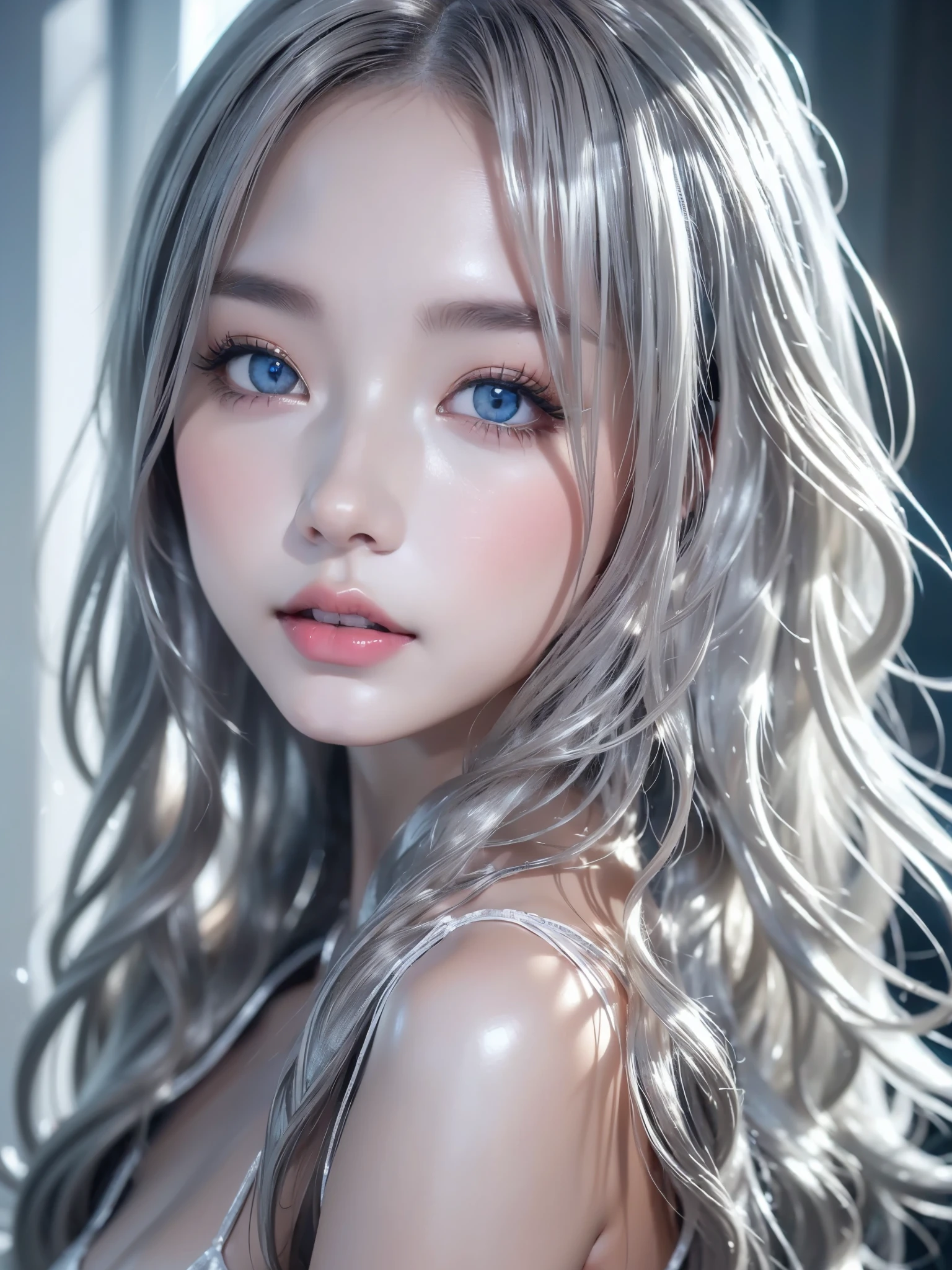 (Long silver hair:1.5),White Skin, (Micro Bikini;1.3), View from the front, Waist up shot, Professional Model, Ambient Lighting, Photorealistic, Intricate facial details, Exquisite handcrafted details, Very detailed, Vibrant colors, cinematic, High resolution, Trending Styles on Artstation Raw