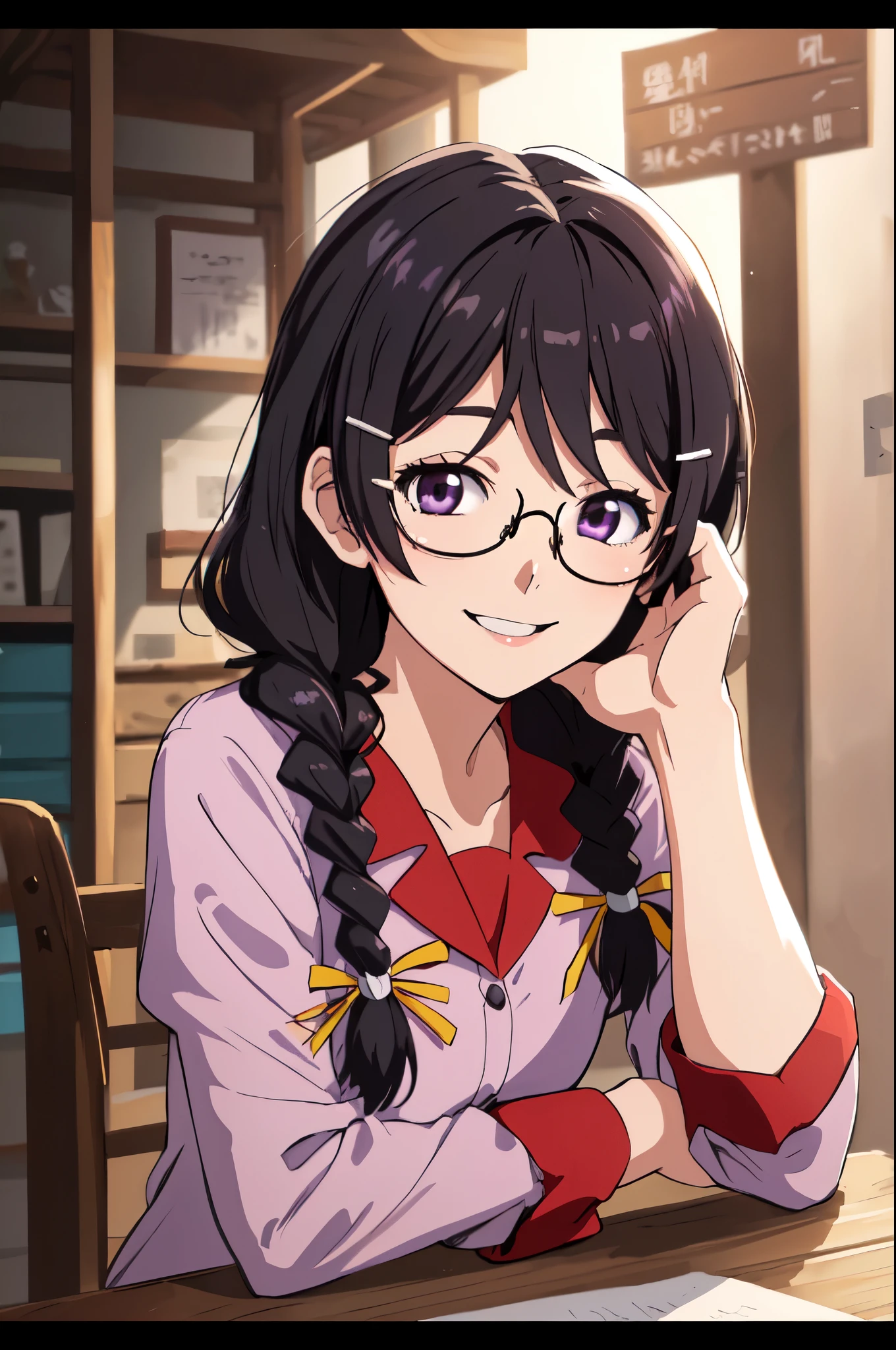 (best quality, masterpiece, RAW photo,ultra-detailed:1.2), 1girl,solo,looking at viewer,smile hanekawa tsubasa, long hair, black hair, hair ornament, (purple eyes:1.1), braid, hairclip, twin braids, glasses,