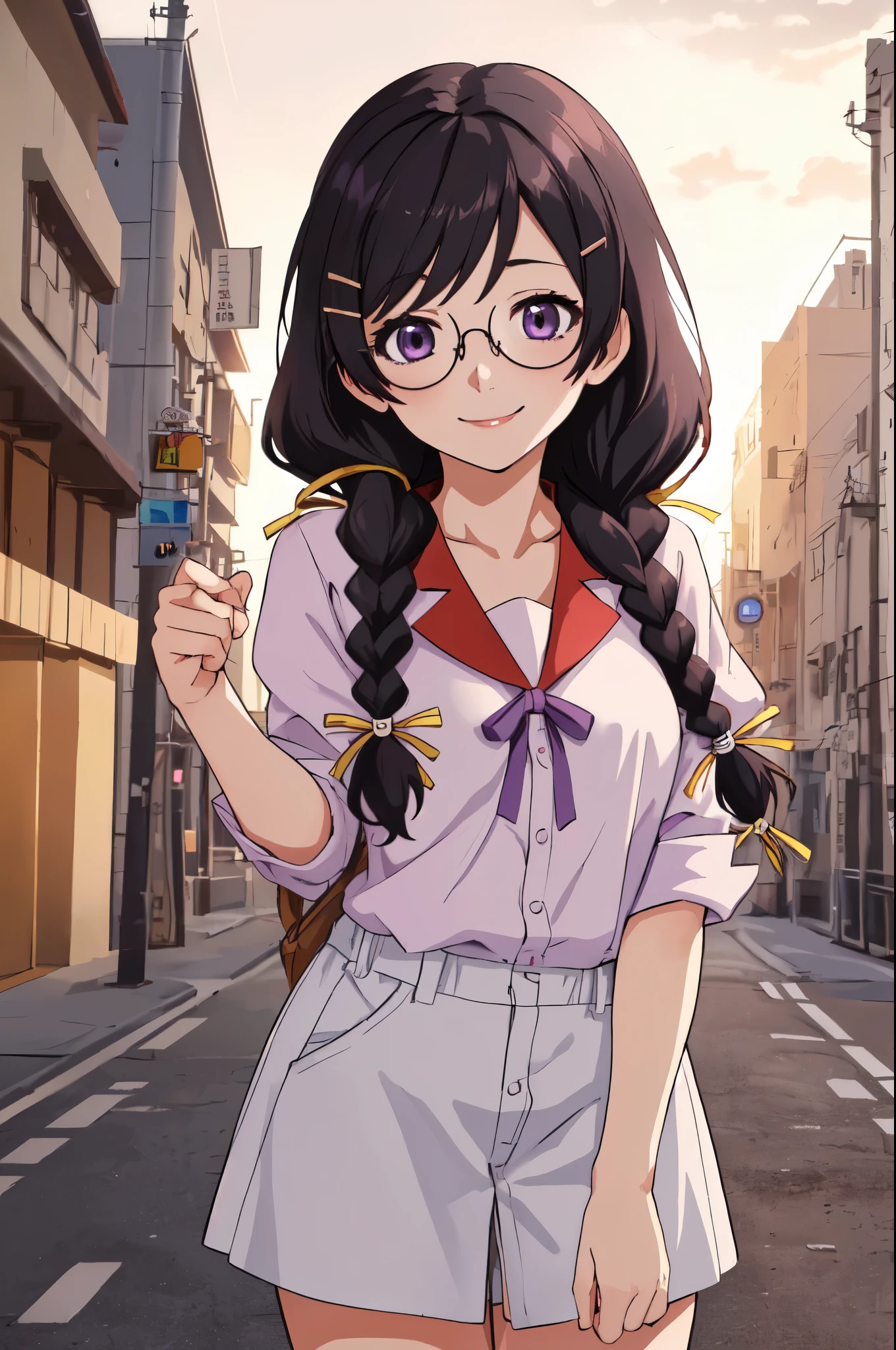 (best quality, masterpiece, RAW photo,ultra-detailed:1.2), 1girl,solo,looking at viewer,smile hanekawa tsubasa, long hair, black hair, hair ornament, (purple eyes:1.1), braid, hairclip, twin braids, glasses,