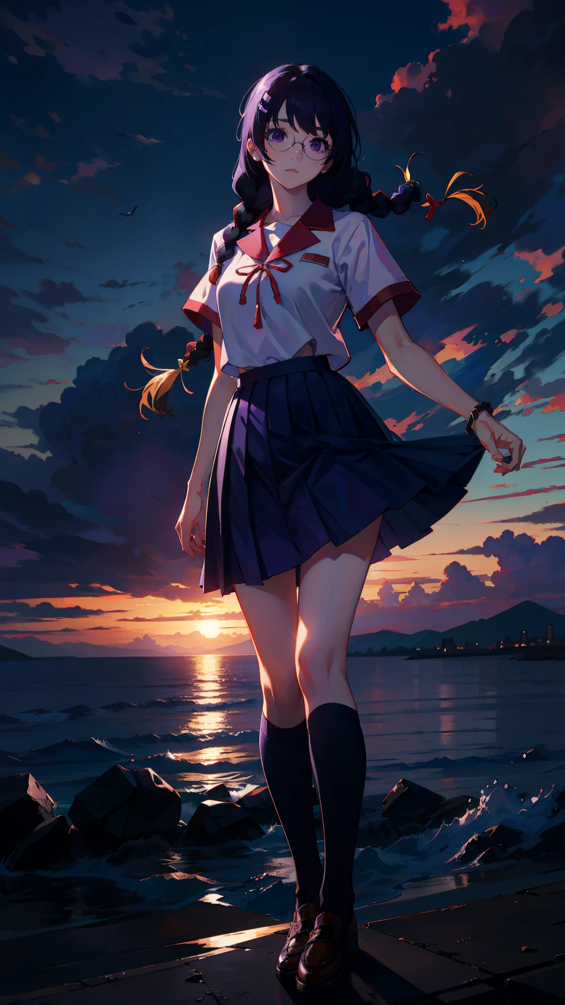 hanekawa tsubasa, long hair, black hair, hair ornament, (purple eyes:1.1), braid, hairclip, twin braids, glasses, hires, absurdres, masterpiece, sunset, interesting composition, purple color scheme, skirt, school uniform, naoetsu high school uniform