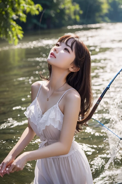 ((top-quality、8K、masterpiece:1.3))、foco nítido:1.2、Beautiful Women in Perfect Style:1.4、Slender Abs:1.2、((dark brown hair、Colossal tits:1.2))、(natural soft light、the woods:1.1)、Highly detailed facial and skin texture、A detailed eye、二重まぶた、Ponytail、Close your eyes、Hold your hand over、Looks fun、Grab the fish、Water splashed、Nose hook、slaves、