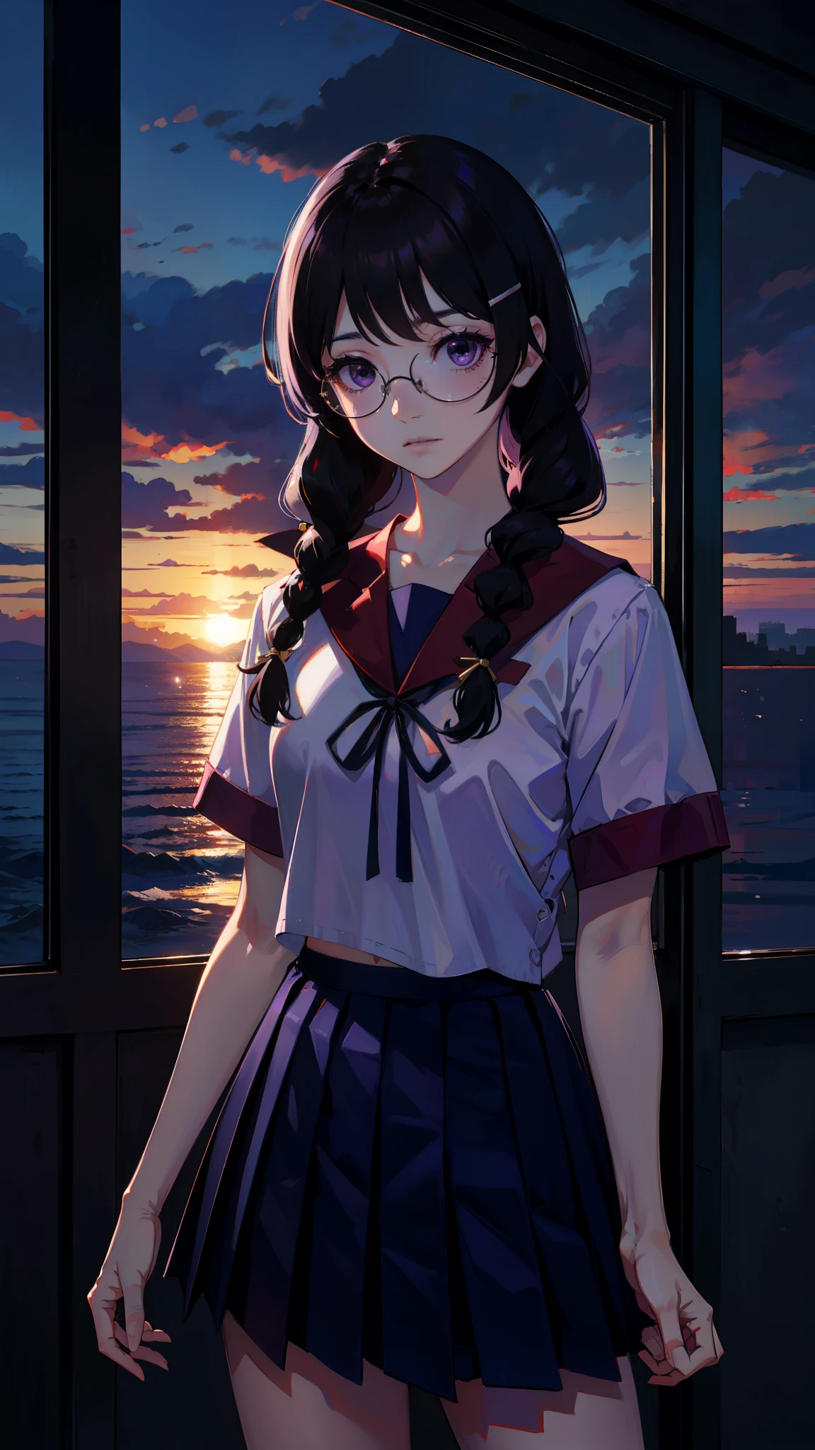 hanekawa tsubasa, long hair, black hair, hair ornament, (purple eyes:1.1), braid, hairclip, twin braids, glasses, hires, absurdres, masterpiece, sunset, interesting composition, purple color scheme, skirt, school uniform, naoetsu high school uniform