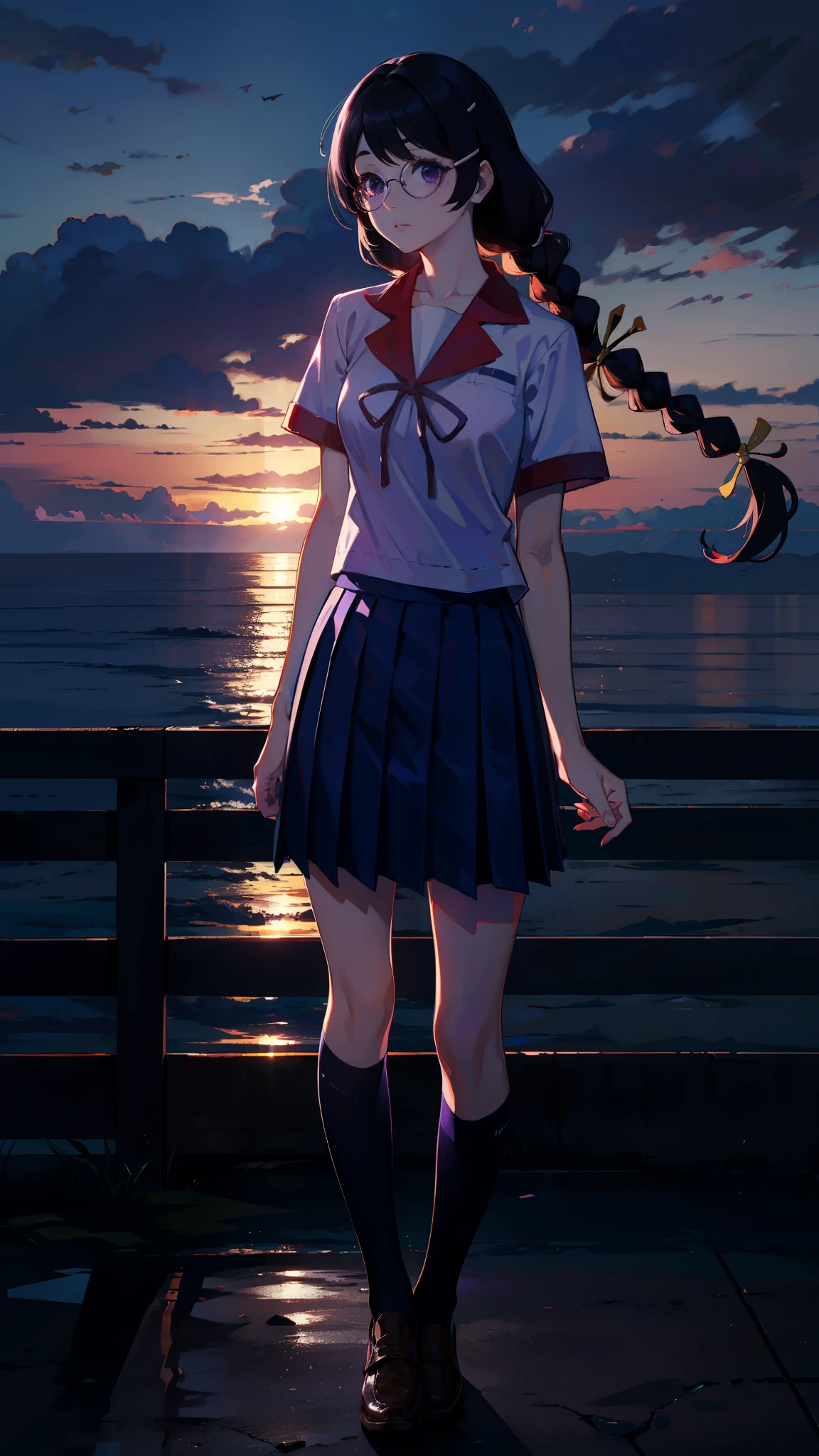 hanekawa tsubasa, long hair, black hair, hair ornament, (purple eyes:1.1), braid, hairclip, twin braids, glasses, hires, absurdres, masterpiece, sunset, interesting composition, purple color scheme, skirt, school uniform, naoetsu high school uniform