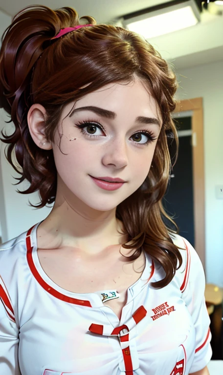 Photo of a 14 year-old american girl, .RAW, beautiful teenage girl, (long brown hair with ponytail), light brown hair ponytail hairstyle((portrait)), ((detailed face:1.2)), ((Detailed facial features)), (Finely detailed skin)  , (Masutepiece) (perfect proportions realistic photos)(The best quality) (DETAILED) Photographed with a Canon EOS R5, 50mm lens, f/2.8, nffsw, (8K) (wallpaper) (cinematic lighting) (Dramatic lighting) (sharp focus) (Tangled) medium breasts , medium breasts , lots of freckles on cheeks and nose , freckles on chest, full body , beautiful body of a teenage girl,  nice makeup , big smile  , slim statuesque woman , baseball clothing , baseball uniform , foto de full body